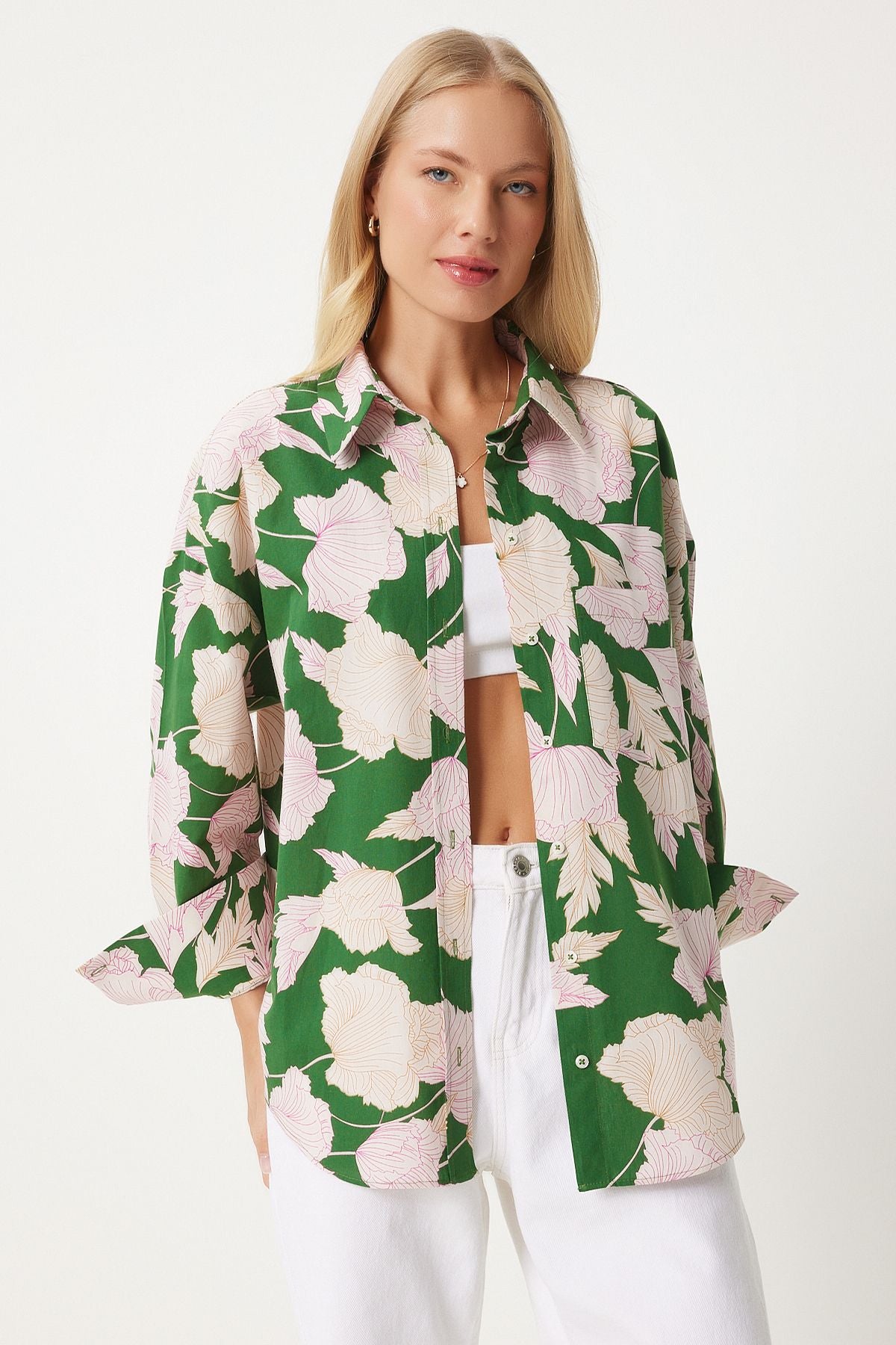 Female Green Patterned Poplin Shirt HM00064