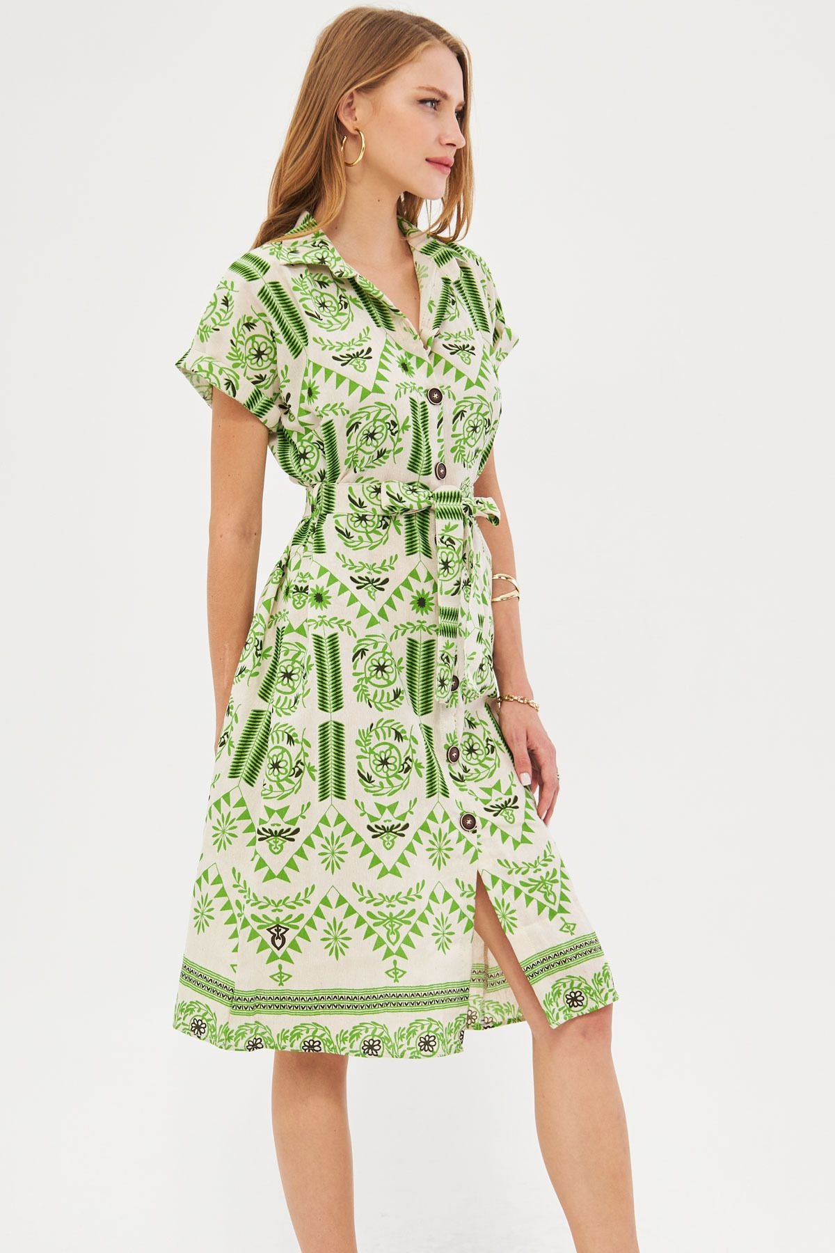 Female peanut green patterned linen-looking waist belt short sleeve shirt dress ARM-24Y001108