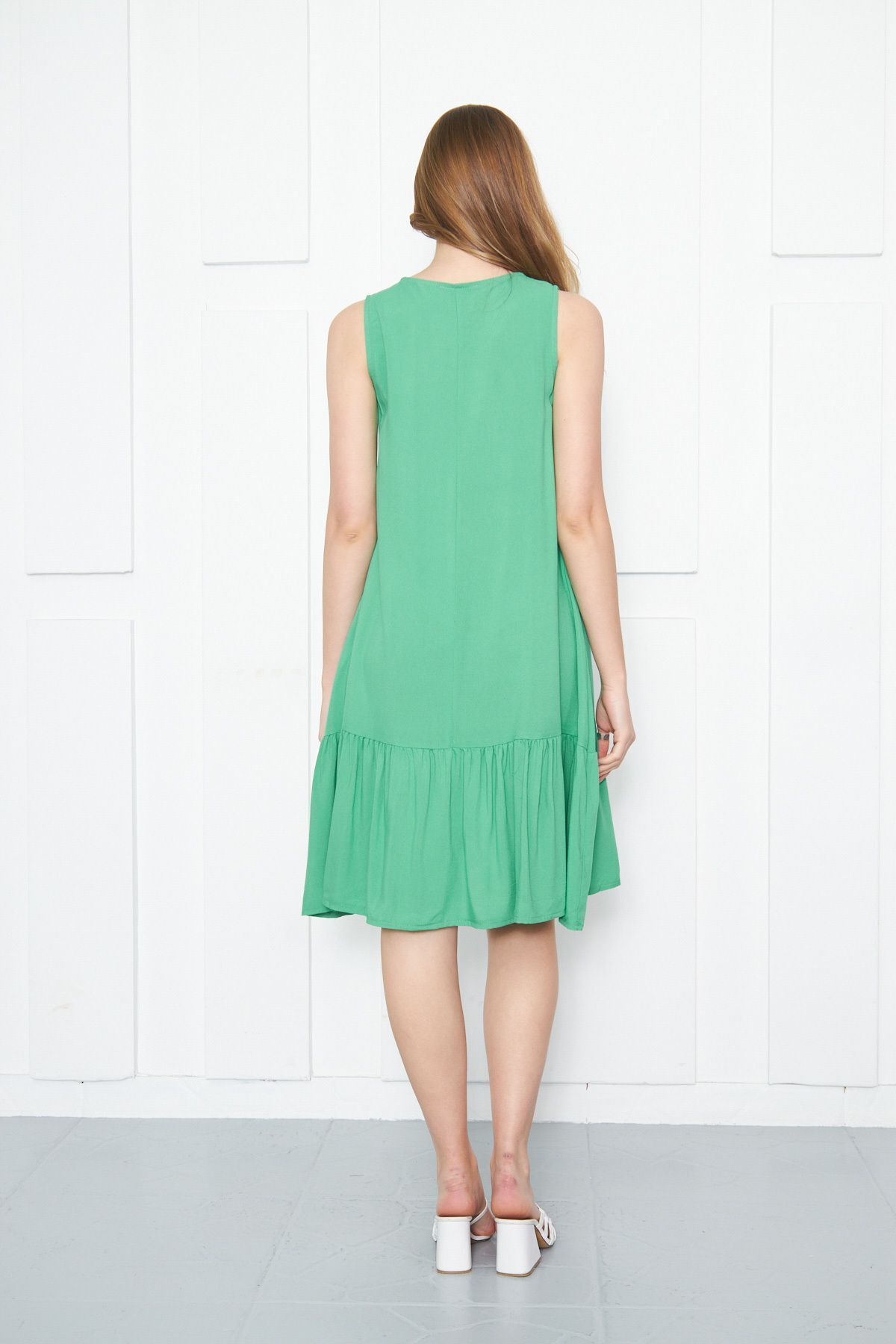 Female grass green sleeveless skirt frilled dress arm-18y001156