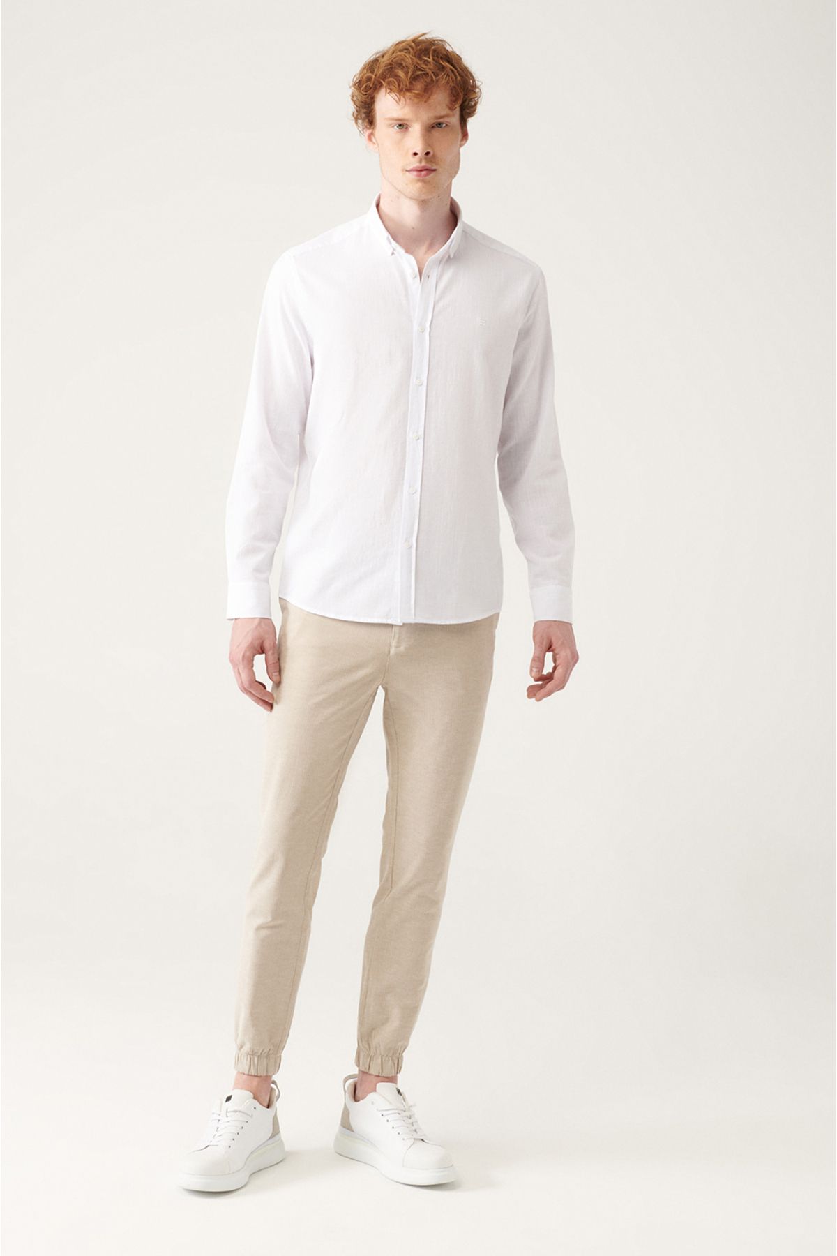 Men's white button collar 100 %cotton linen textured shirt E002141