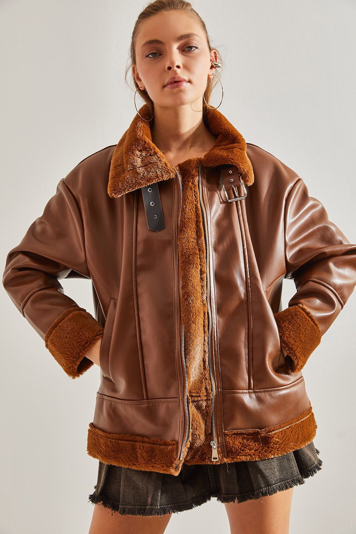 Woman Leather Plush Coat