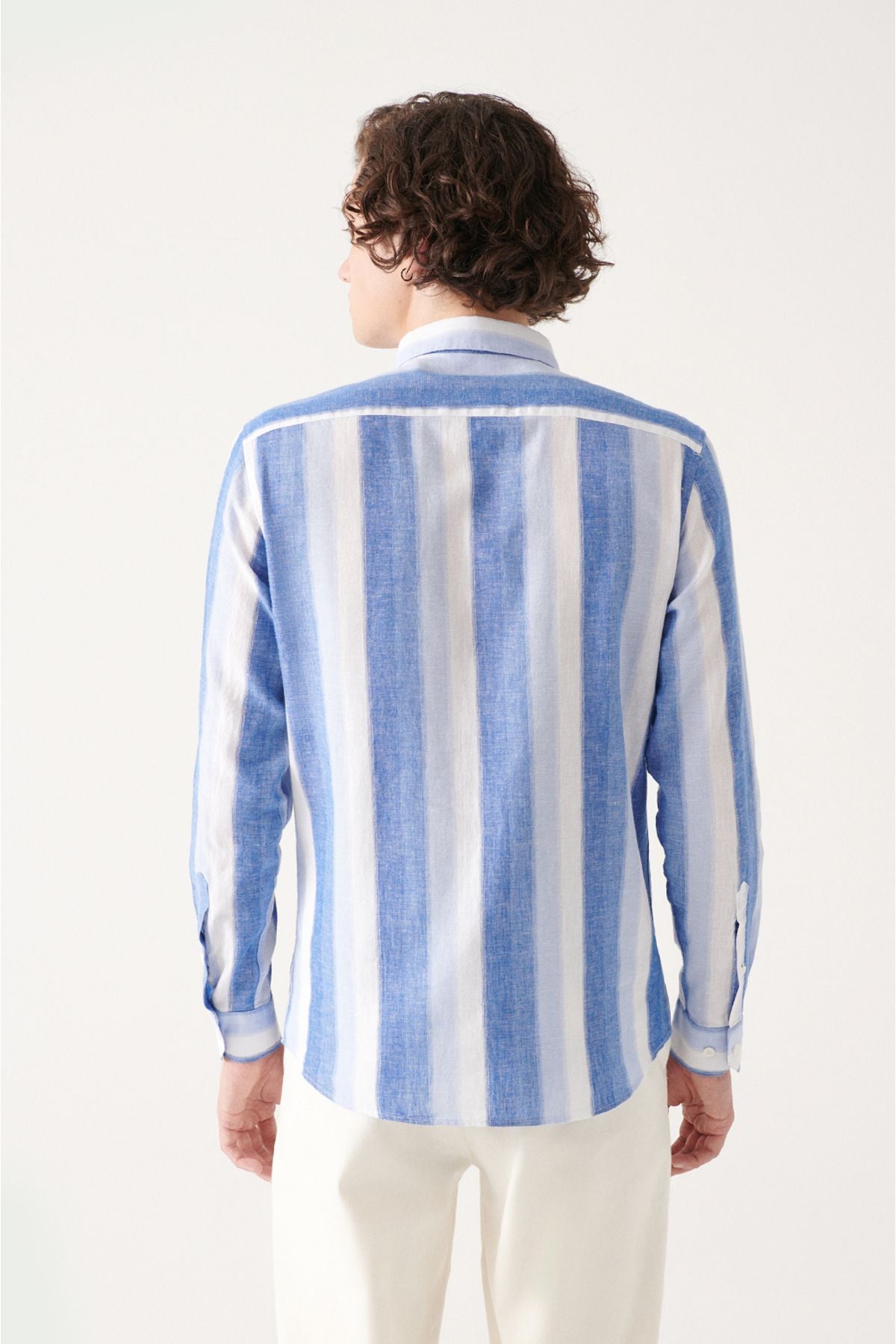 Men's blue button collar striped cotton linen shirt A31Y2085
