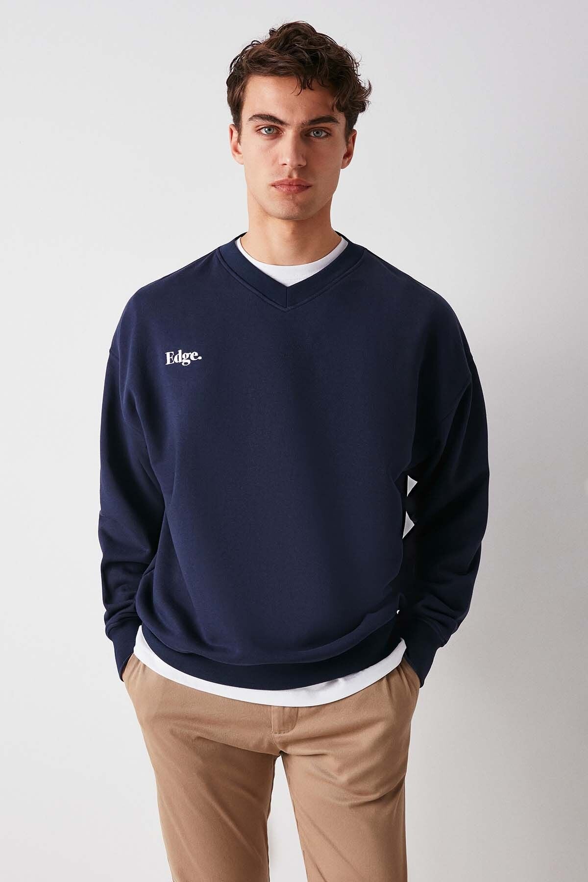 Off Men's V -Neck Writing Embroidered Içi Poleless Navy Blue Sweatshirt