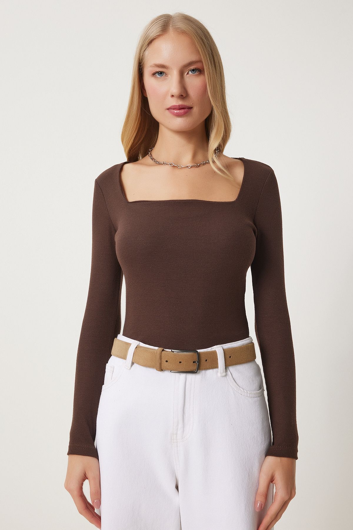 Female Brown Square Collar Wick Knitting Blouse GT00052