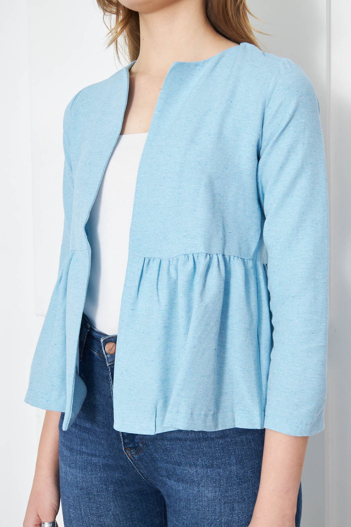 Woman Baby Blue Waist Shirred Jacket ARM-221034