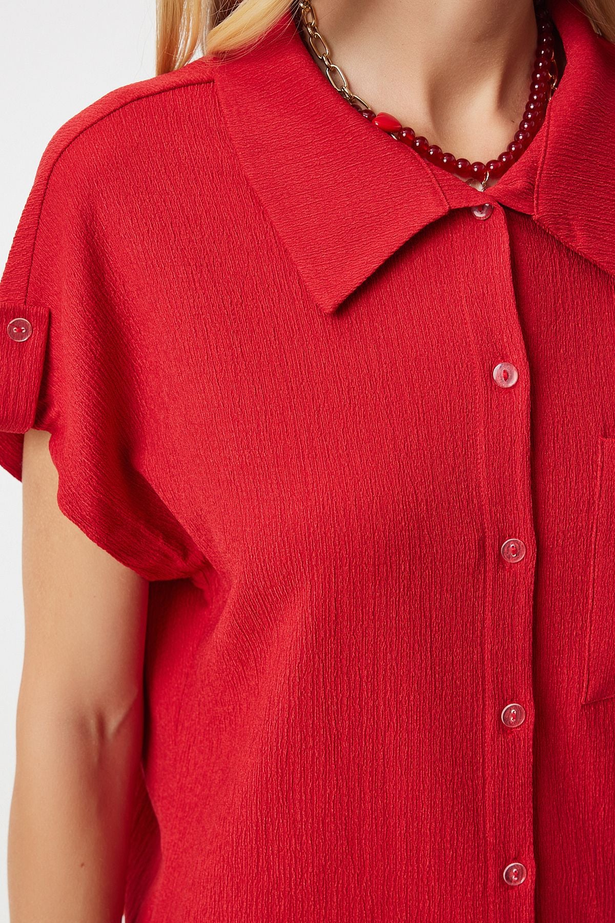 Female Red Pocket Casual Knitting Shirt DD01325
