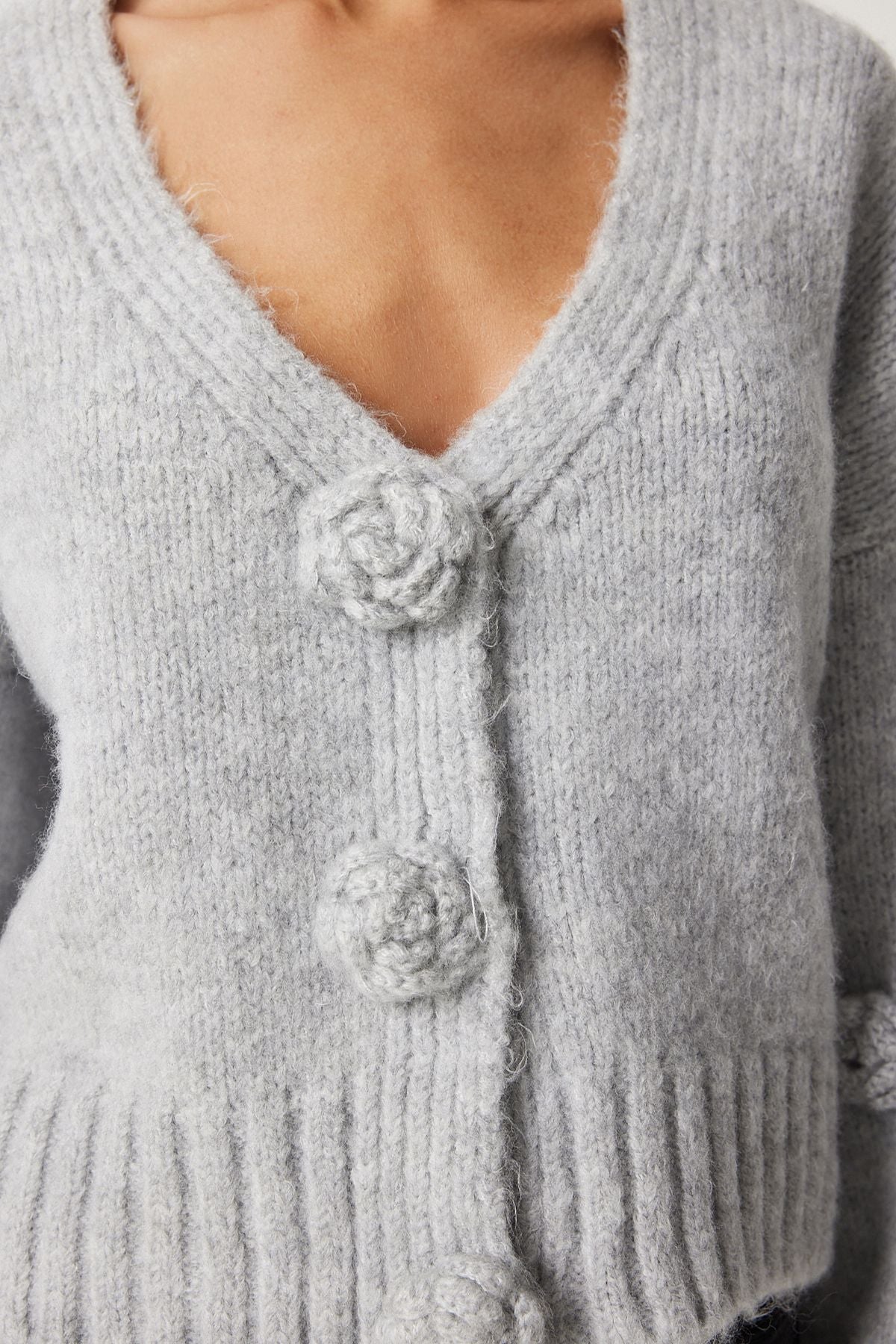 Women's Gray Pompom Flower Detail Triko Cardigan PF00078