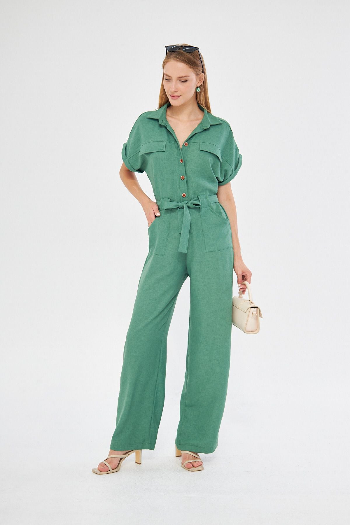 Woman Dark Green Front Buttoned Waist Belled Pocket Bat Arm Palazzo Tulum ARM-24Y001105