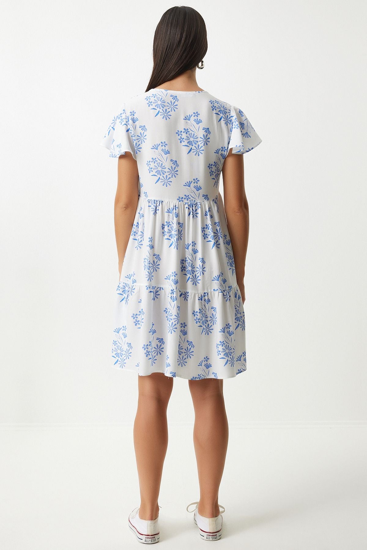 Woman White Blue Flower Summer Viscose Dress DD01330