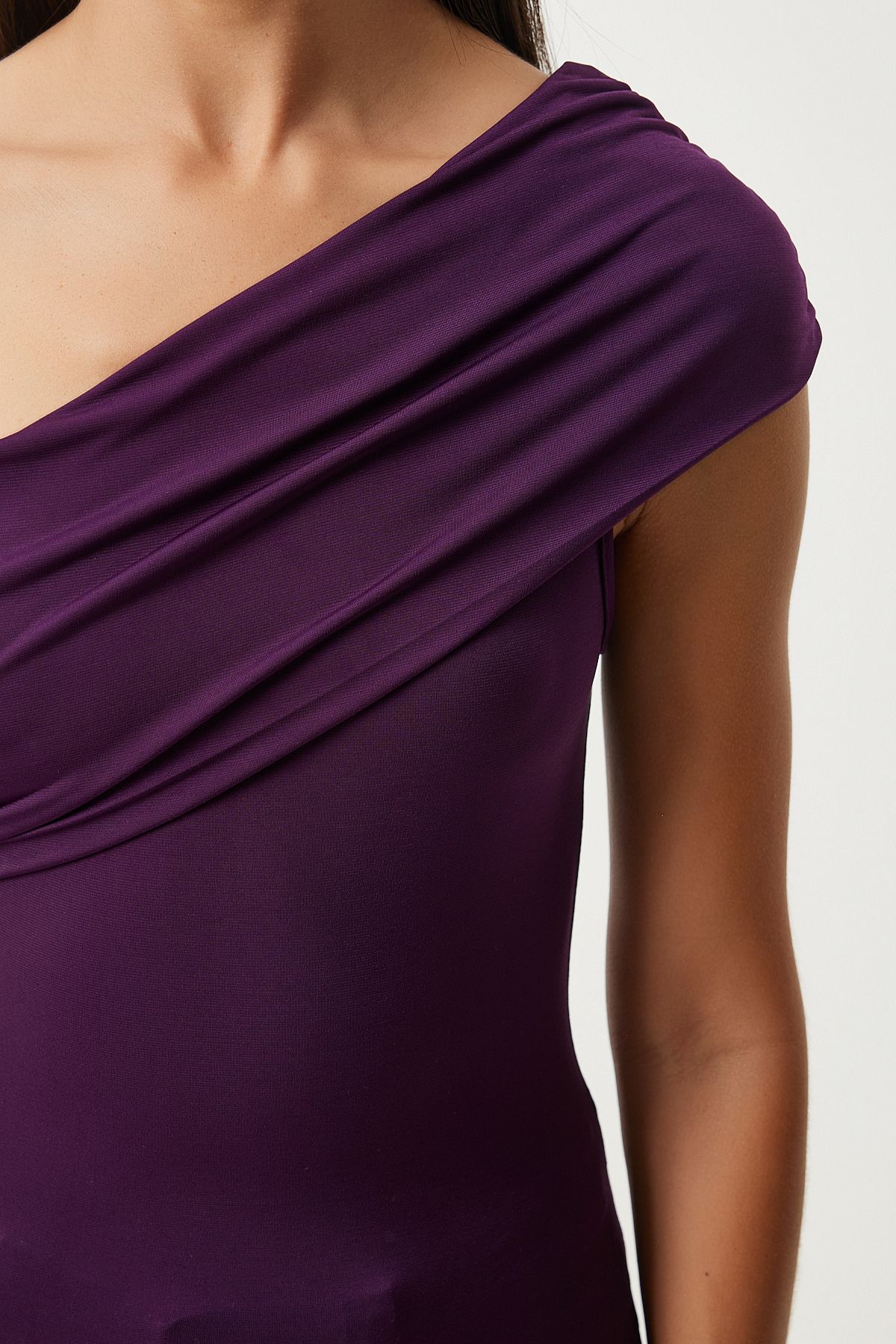 Woman purple single shoulder shirred knitted blouse dz00112