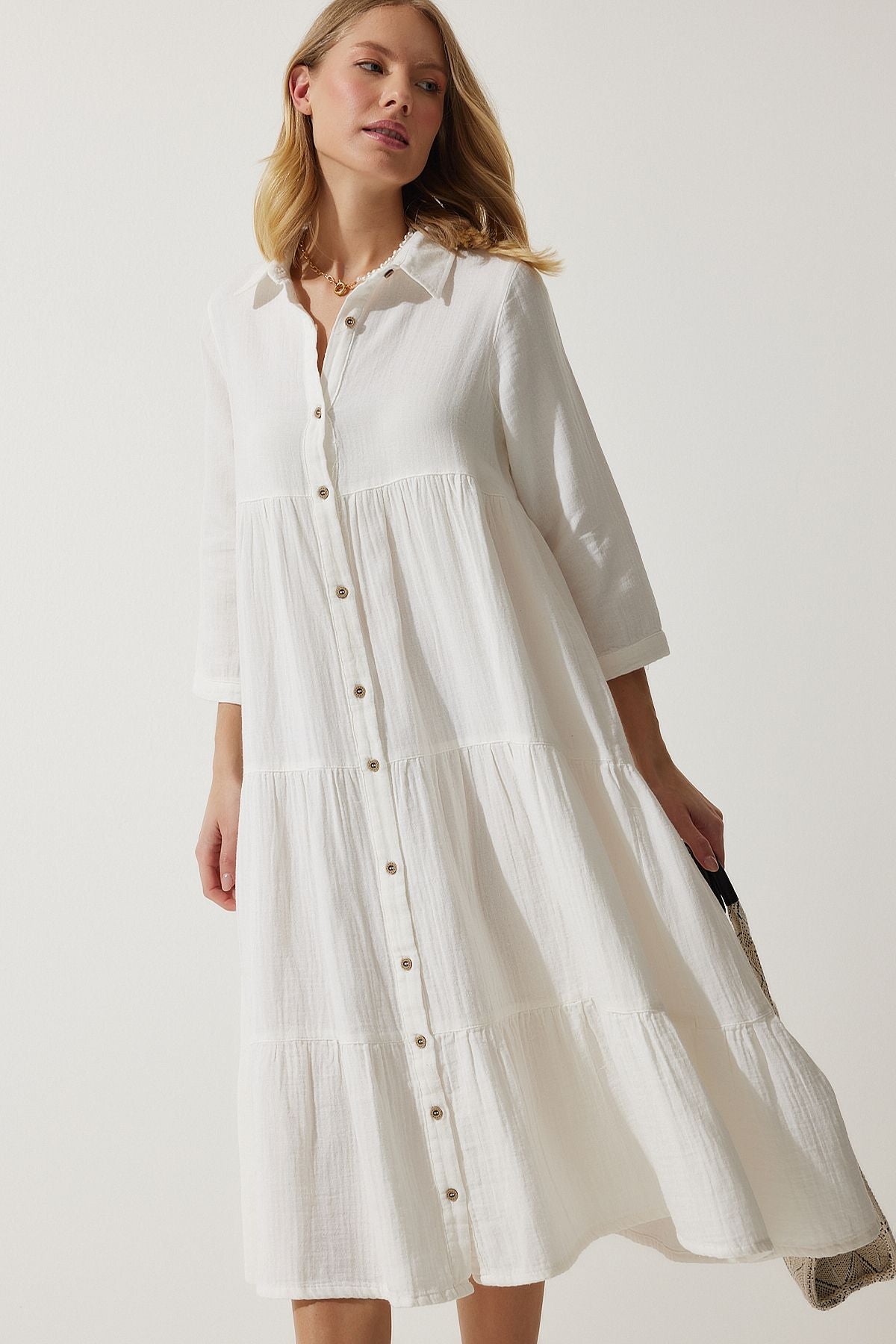 WOMEN ECRU MUSLIN KLOŞ SHIRT DRESS SA00024