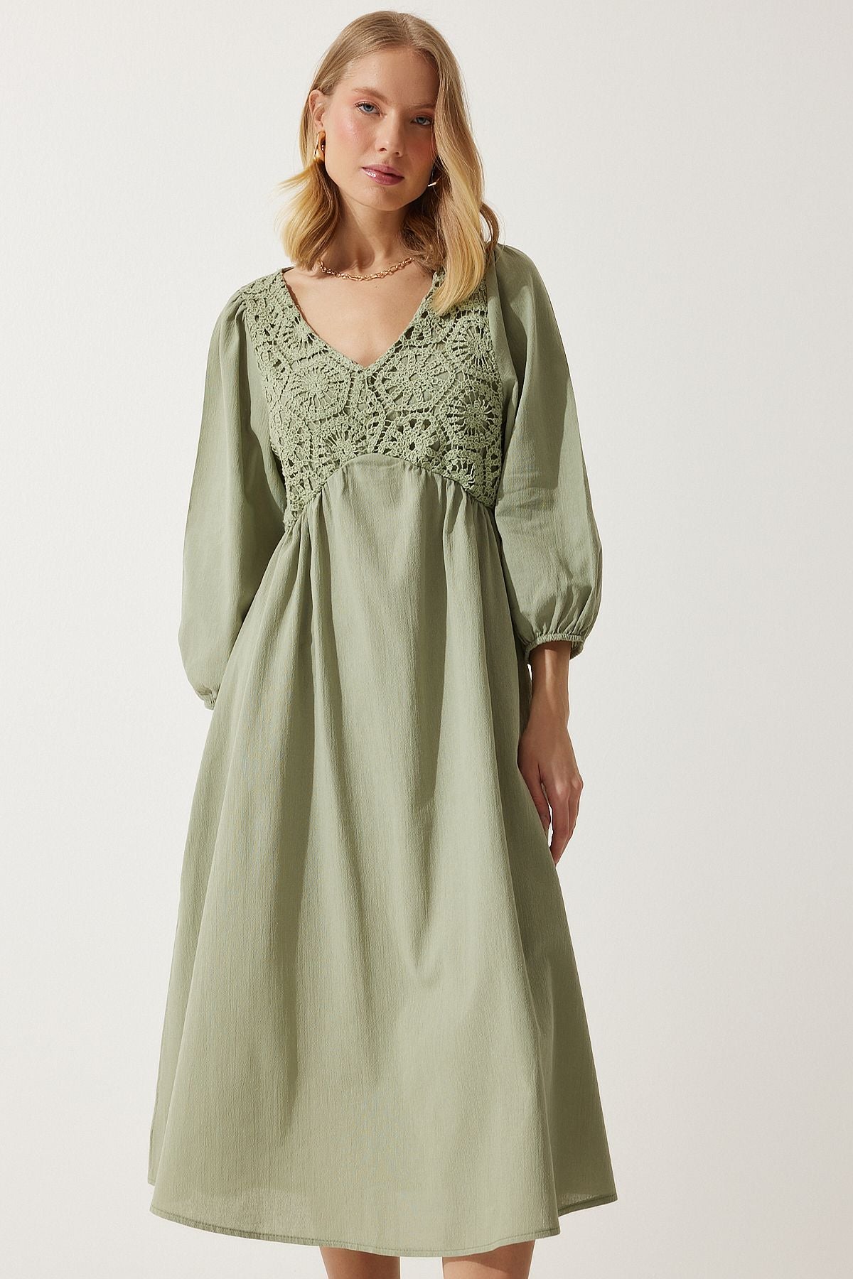 Woman Khaki Gugure Detailed Summer Linen Dress BP00152