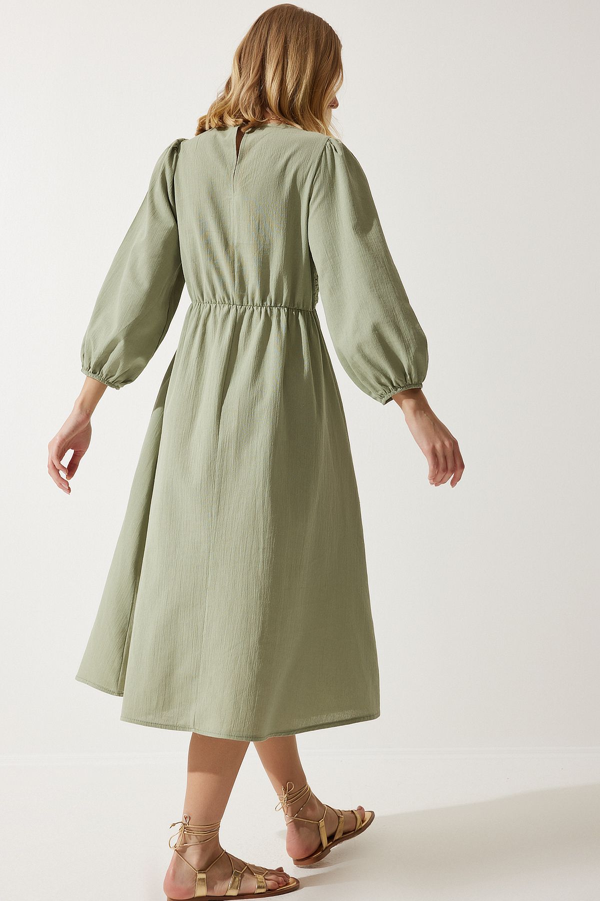 Woman Khaki Gugure Detailed Summer Linen Dress BP00152