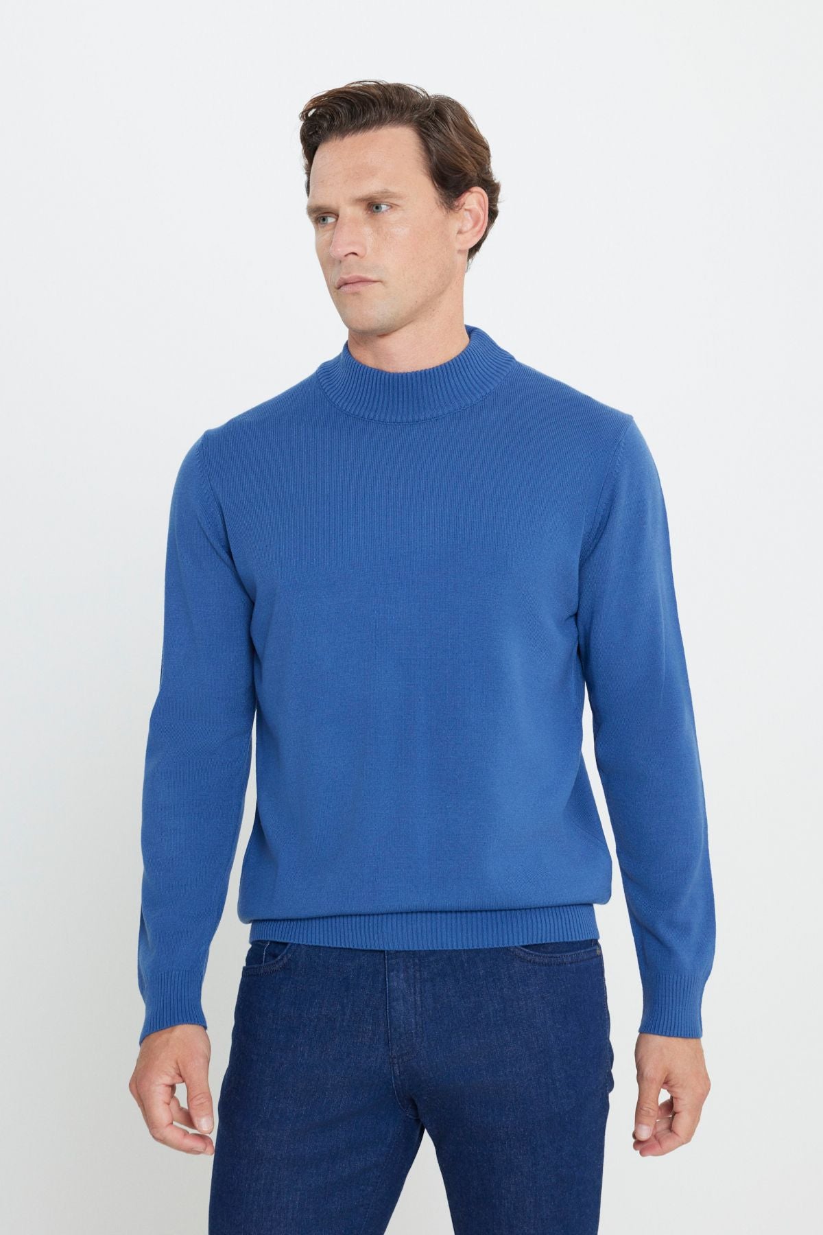 Men's Indigo Flash Fit Normal Cutting Half Fisherman Yaka Knitwear Sweater