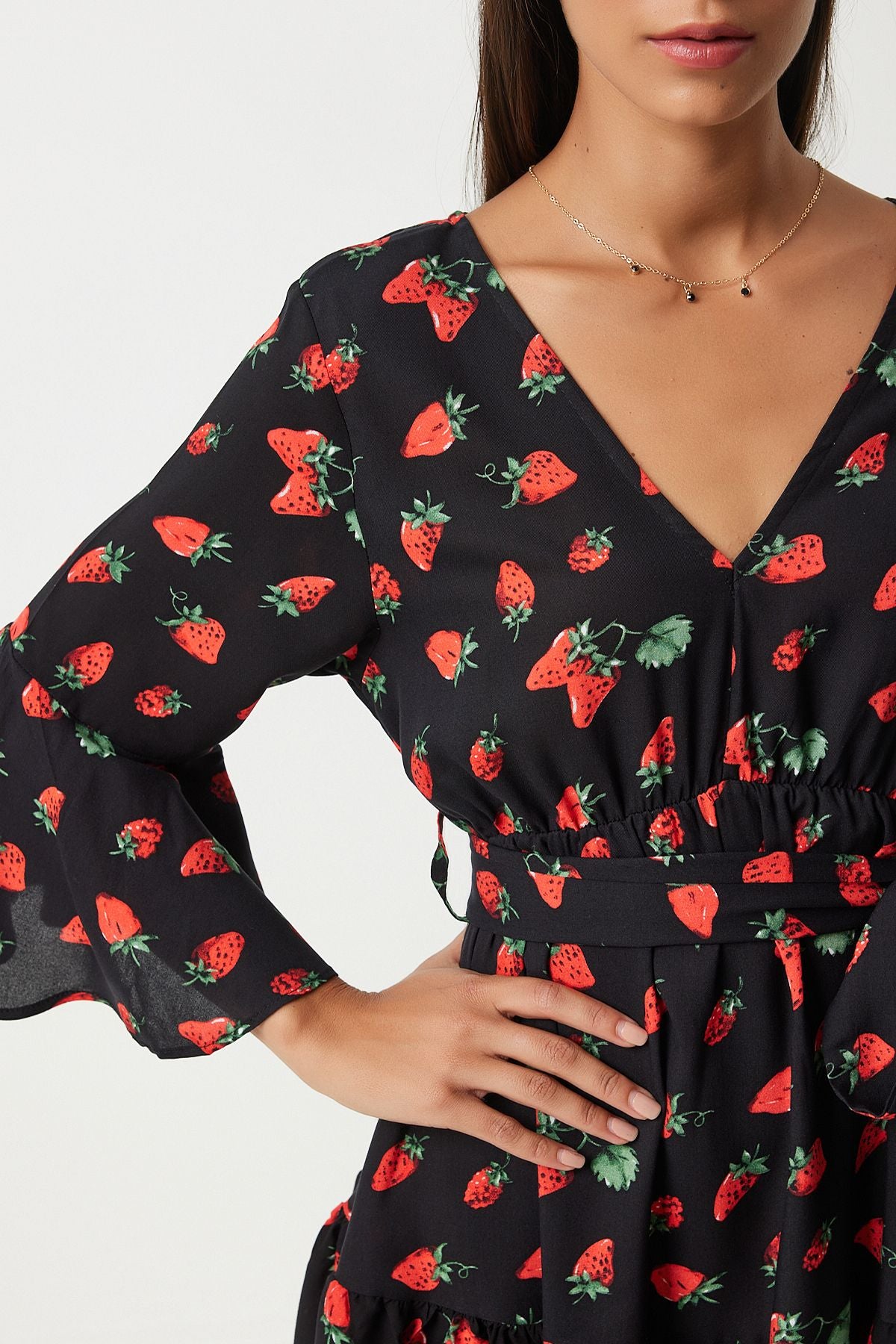 Woman Red Black Patterned Summer Viscon Clash Dress FN03202
