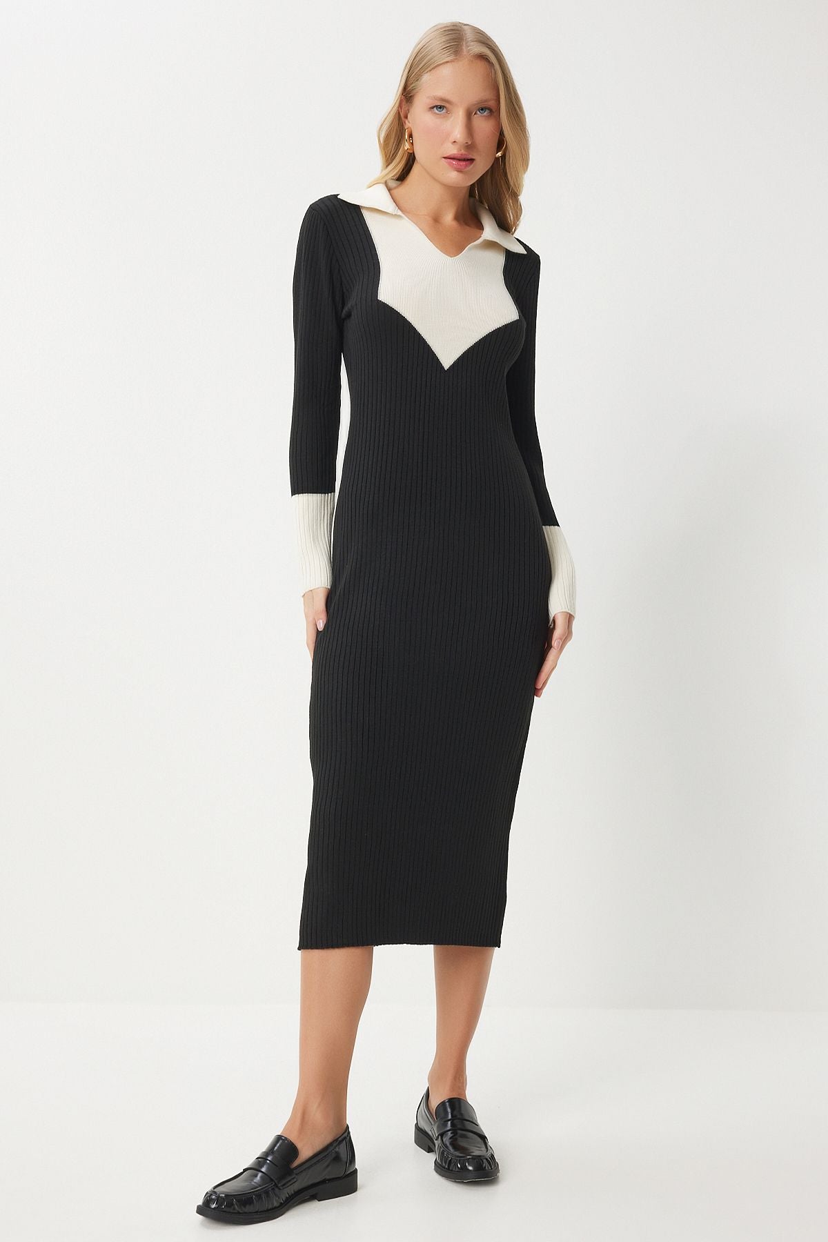 Female black contrast polo collar knitwear dress jg00003