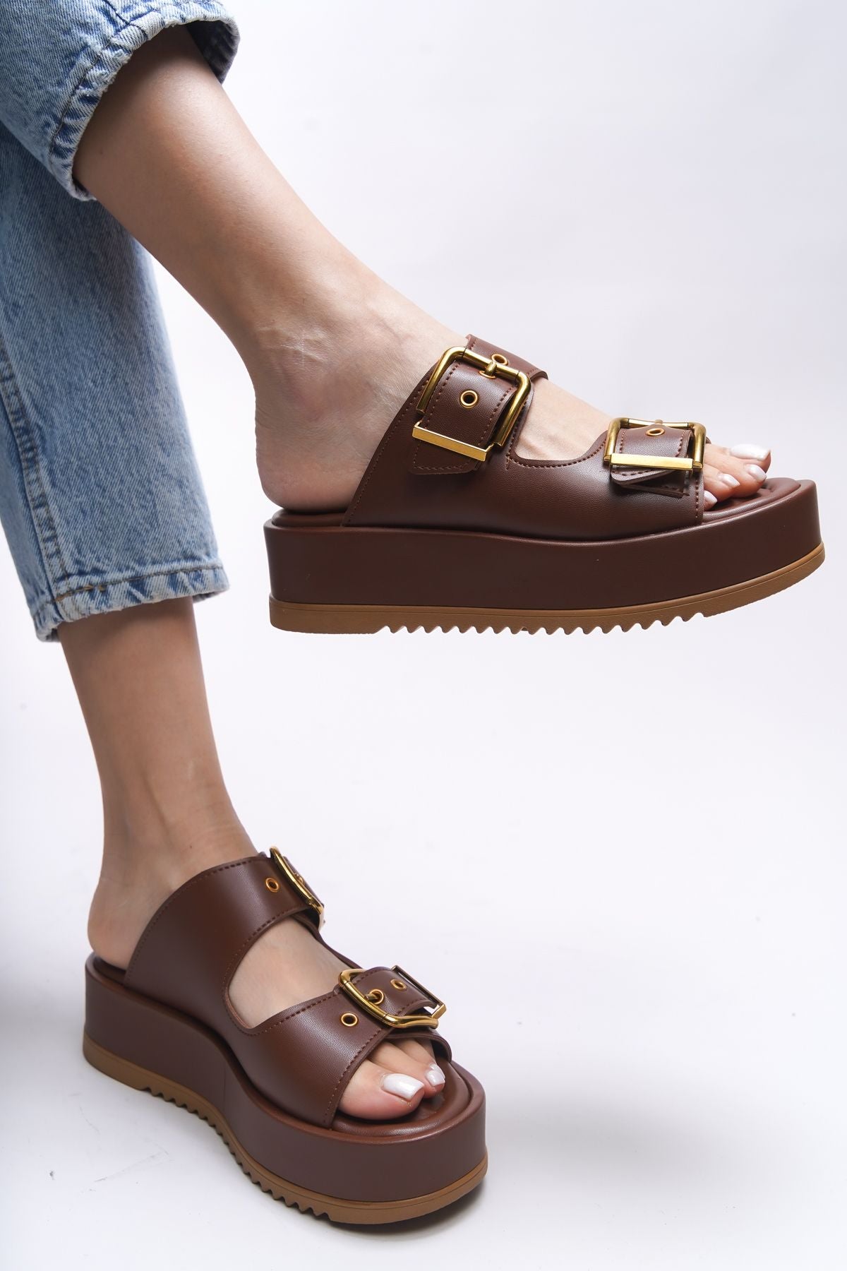 Winledha Female Double Buckle Slipper 001278 Brown Skin