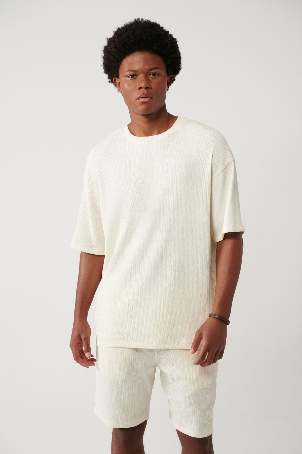Men's Ecru Bicycle Collar Jakarlı Basic T-Shirt A41y1311