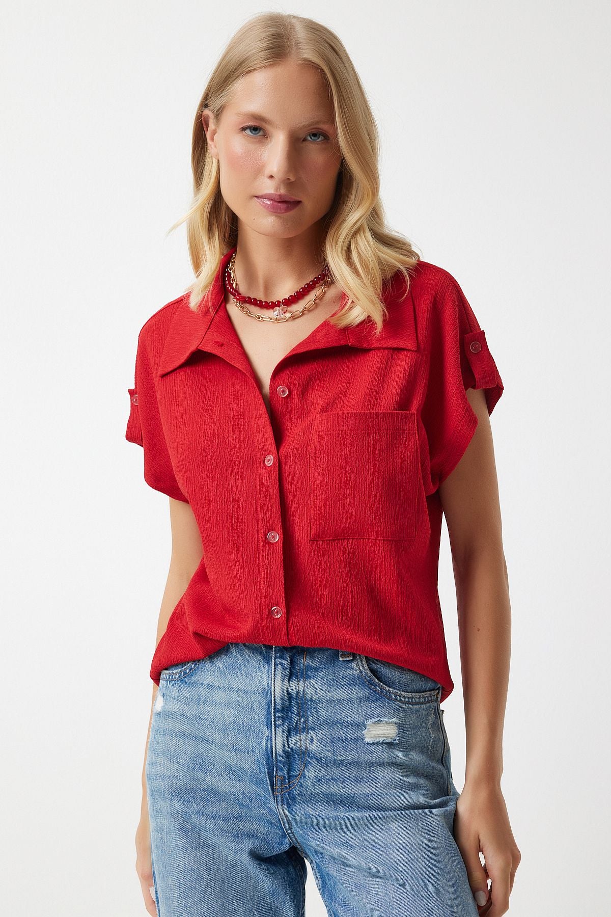 Female Red Pocket Casual Knitting Shirt DD01325