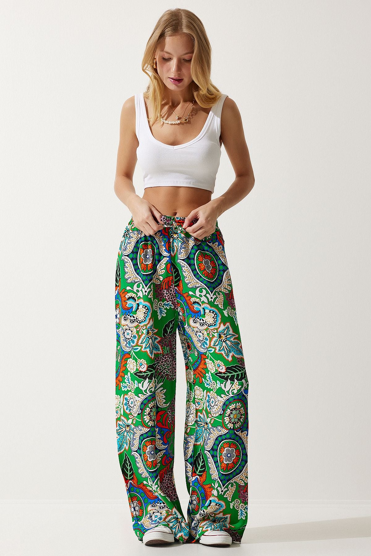 Female Green Orange Patterned Viscose Palazzo Pants EN00606