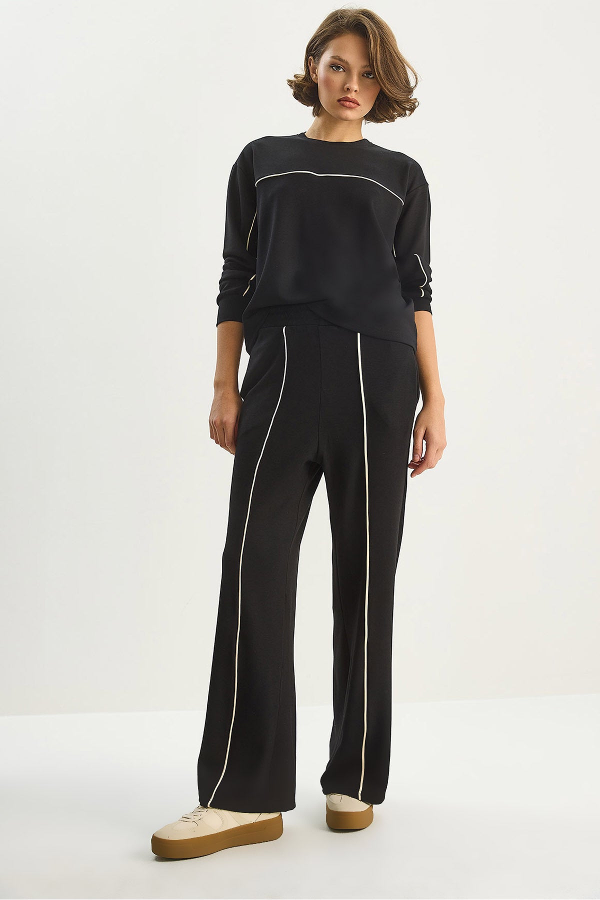 Women's Bikini Neck Long Sleeve Top Elastic Waist Loose Bottom Bias Detailed Modal Suit 60283620