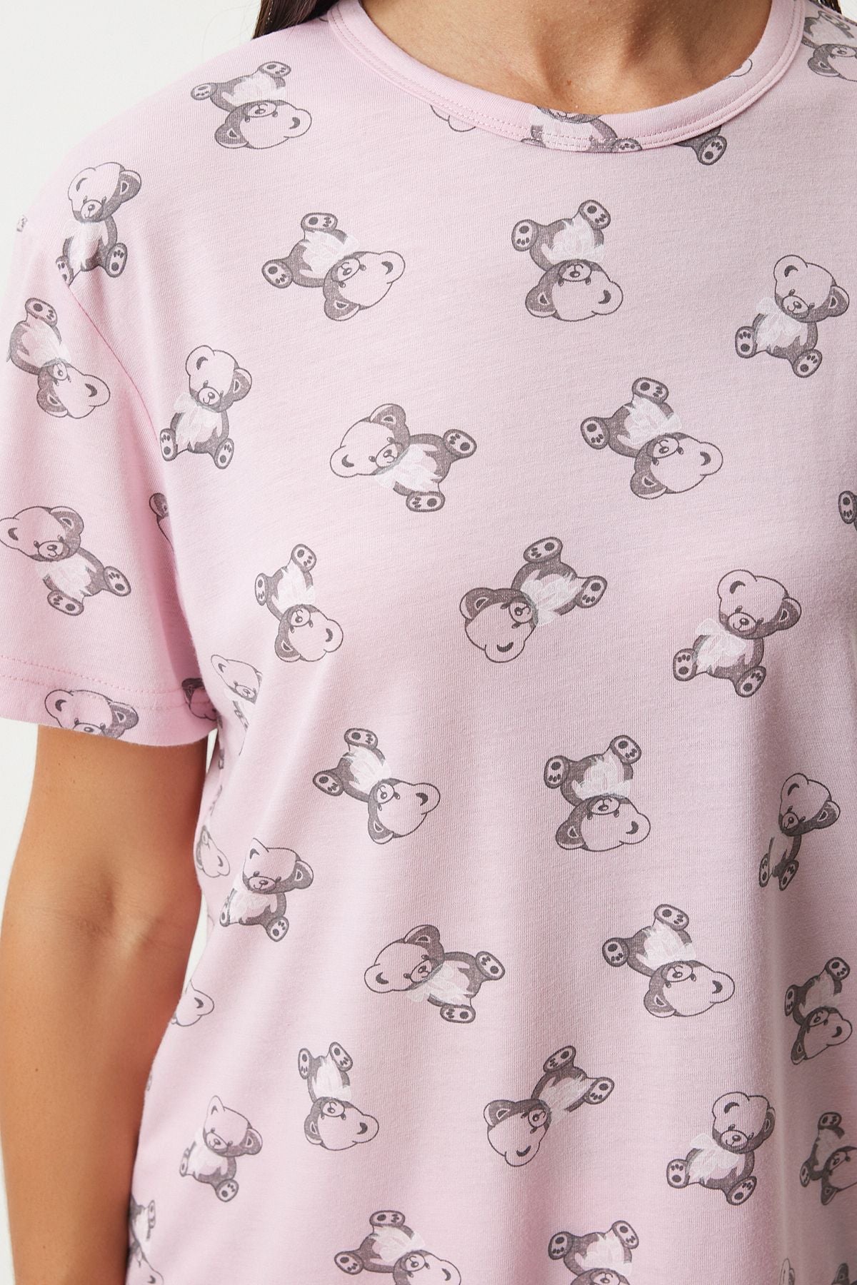Woman Light Pink Patterned Viscose Short T-Shirt Pajama Set EC00045