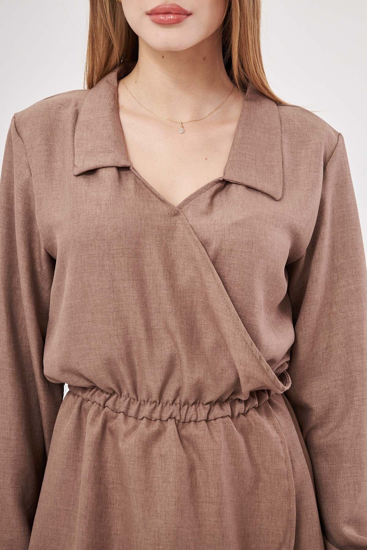 Female mink shirt collar cruishe waist and arm rubber dress with rubber dress ARM-25K001047