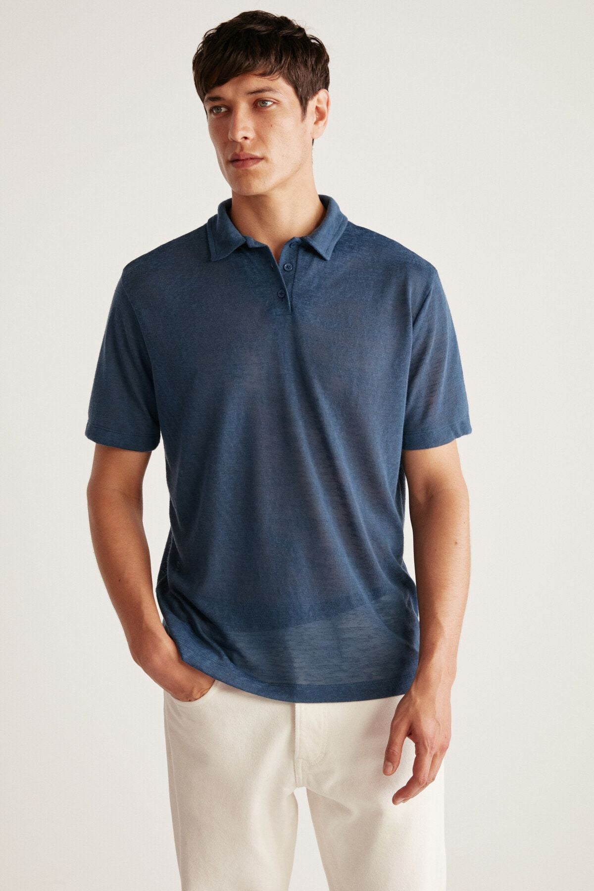 TOBY Men's Polo Linen-Looking Tiril Tiril Fabric Navy Blue Polo Yaka T-shirt