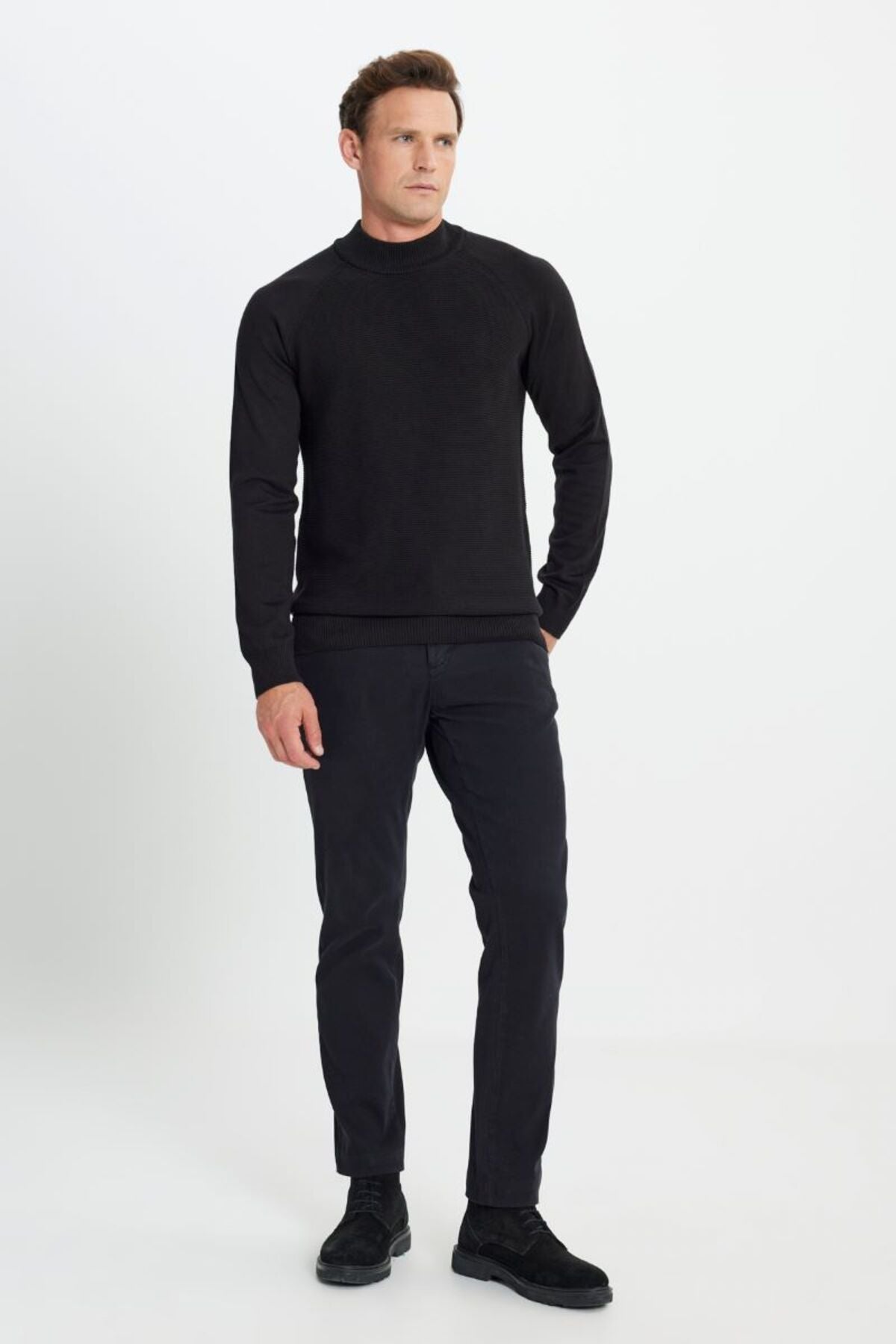 Cotton Standard Fit Normal Cut Half Fisherman Neck Patterned Knitwear Black Cossack