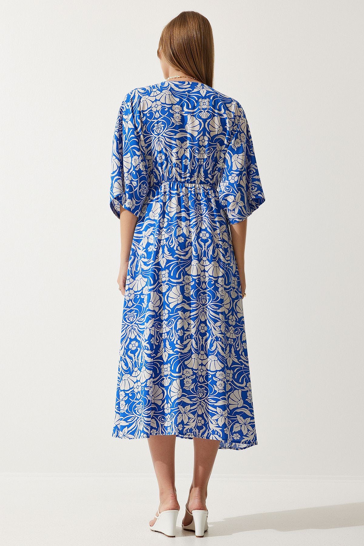 Woman Blue White Anvelop Yaka Patterned Summer Viscose Dress DK00166