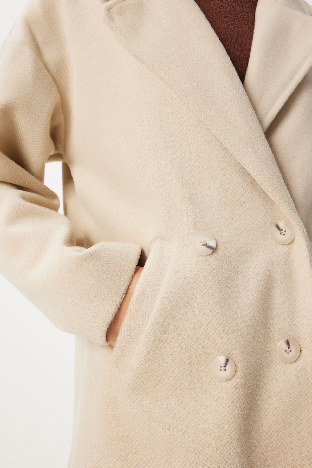 Female Beige Cruve Yaka Stamp Coat DD01337