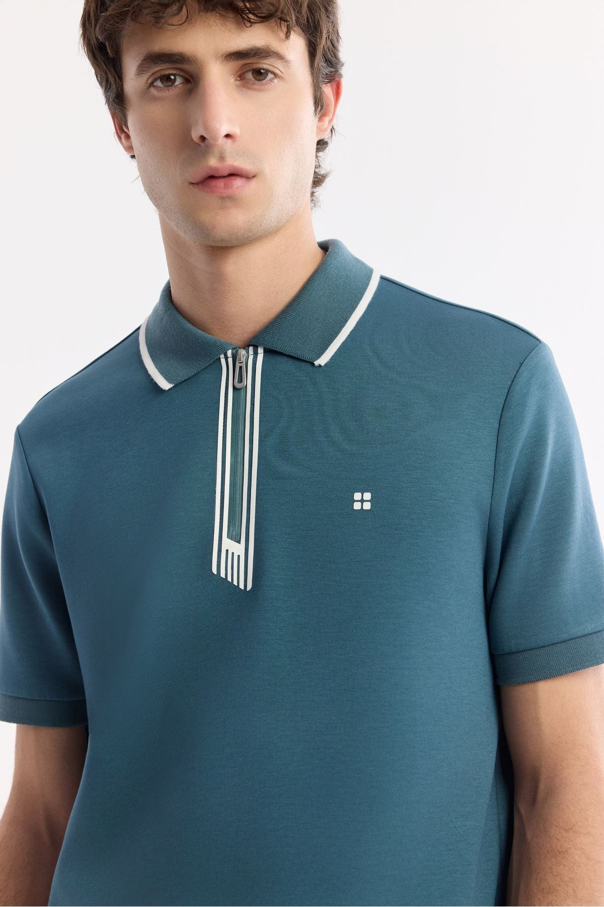 Men's oil blue zipper polo collar flexi printing detailed interlok t-shirt A51y1007