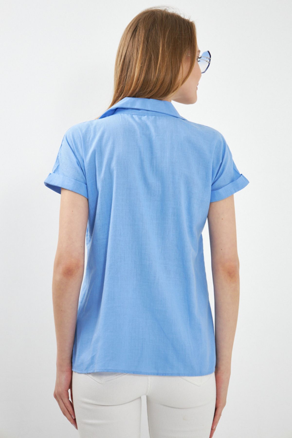 Woman Baby Blue Short Sleeve Linen Shirt ARM-24Y001038