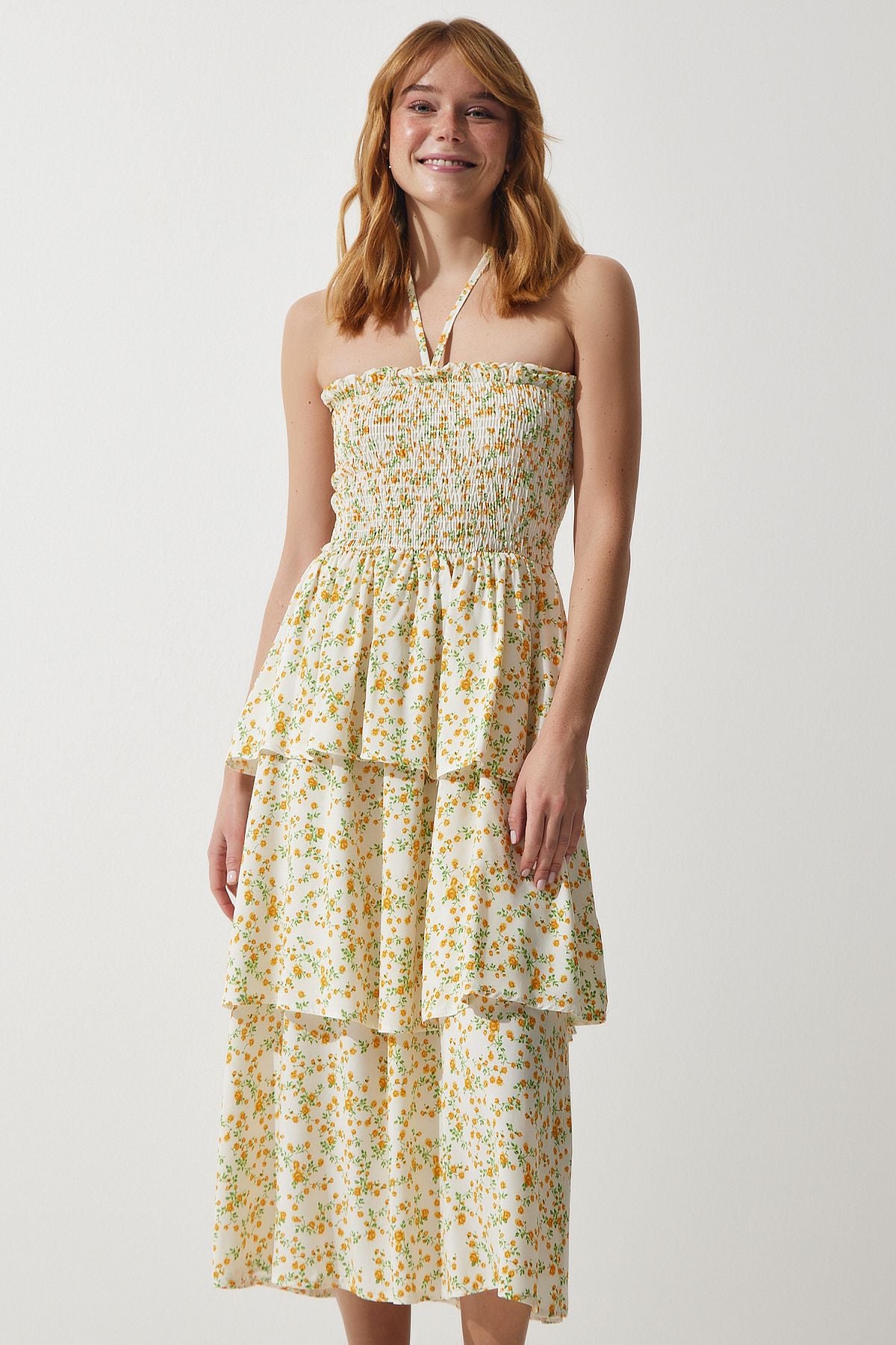 Female Ecru Yellow Flower Volan Summer Viscose Dress UB00226