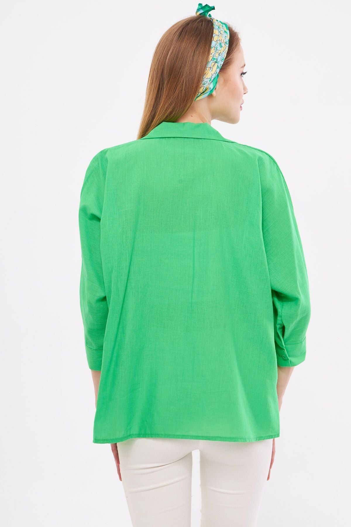 Female green pocket shabby linen shirt ARM-21Y001035