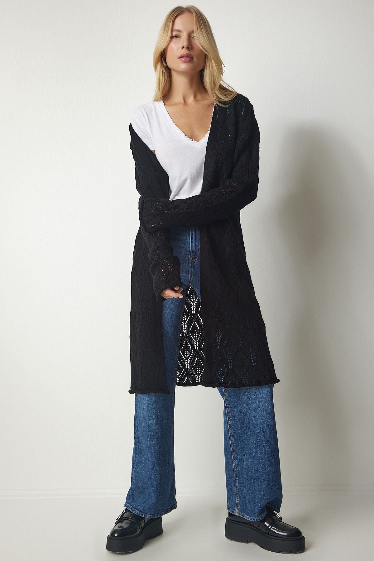 WOMEN BLACK HAPPY LONG KNITTY CARDIAN MX00136
