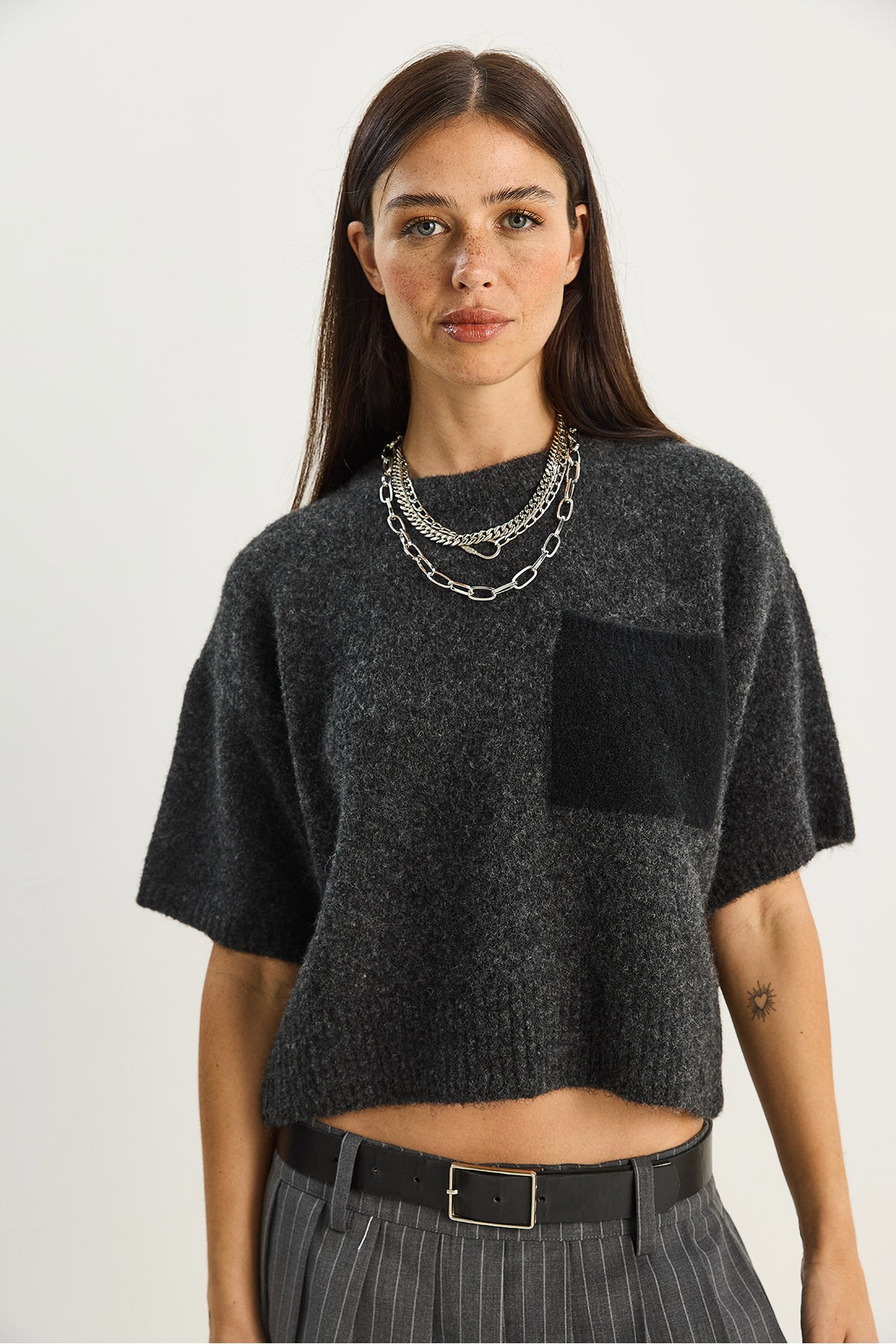 Women's Color Block Pocketed Short Sleeve Knitwear Sweater 2551 60283758