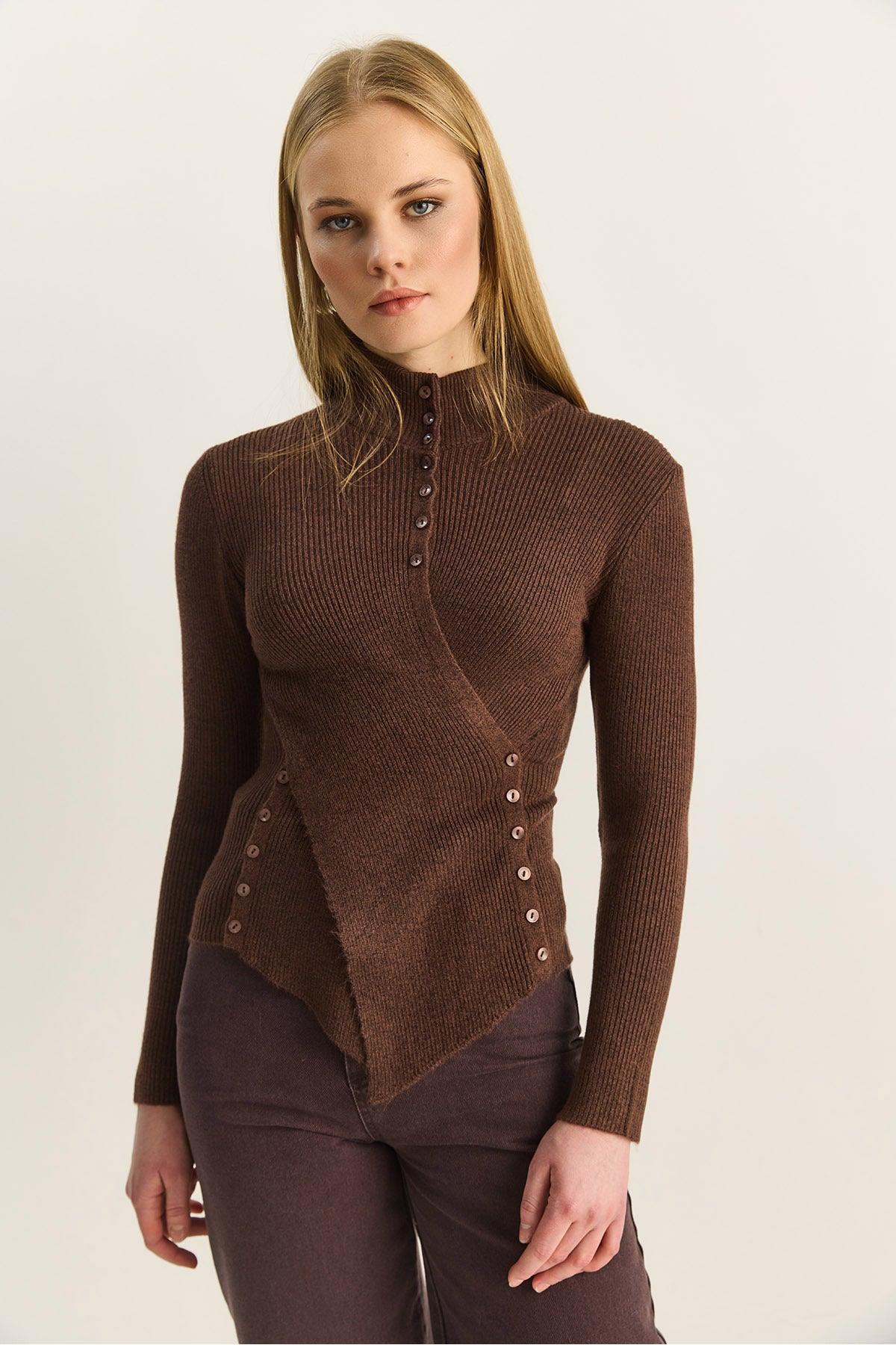 Women's Turtleneck Asymmetrical Button Detailed Knitwear Sweater TK251027 60283908