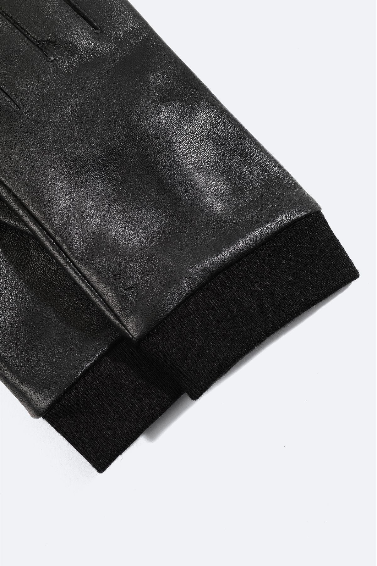 Men's black 100 %leather flat gloves A42y9700