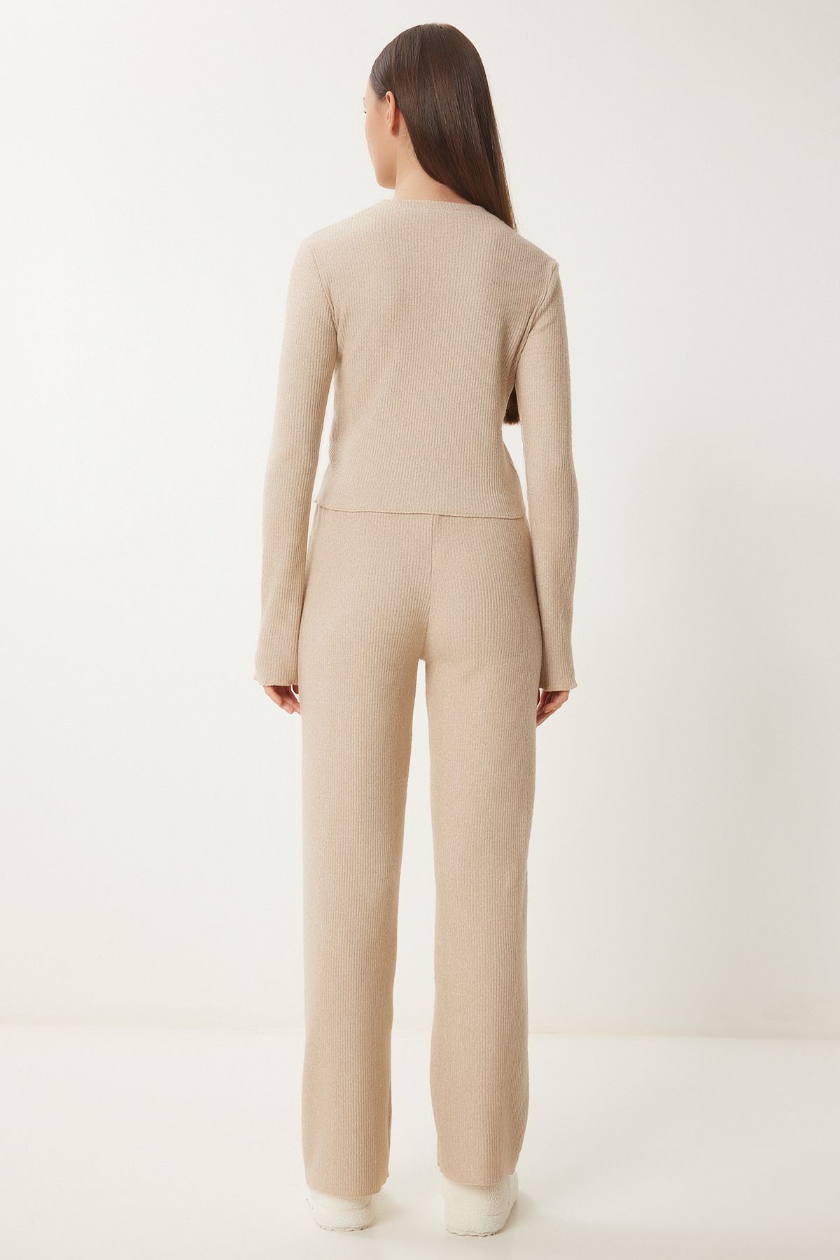Woman Beige Yumoş Crop abundant trousers knitting set an00222