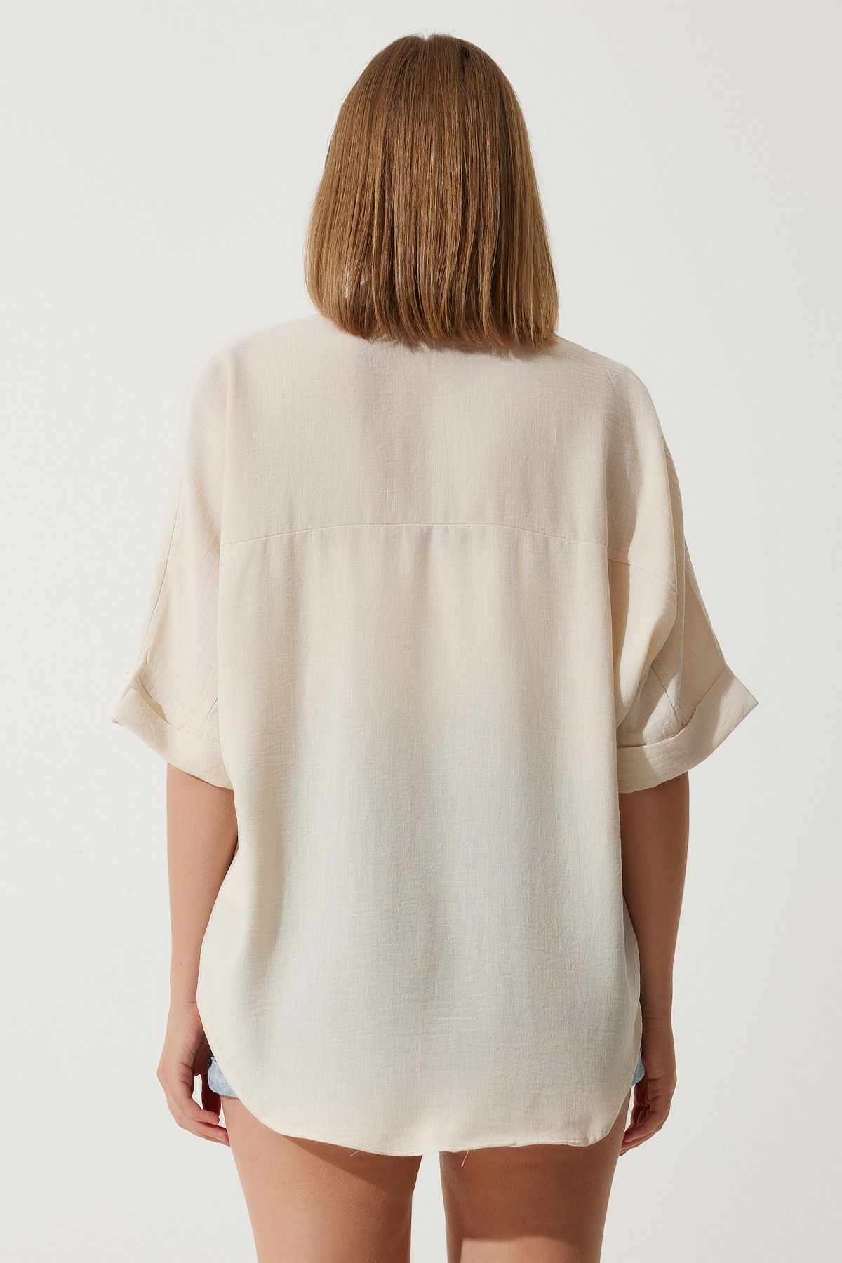 Women's Cream Embroidery Pocket Oversizle Linen Ayrrin Shirt RG00031