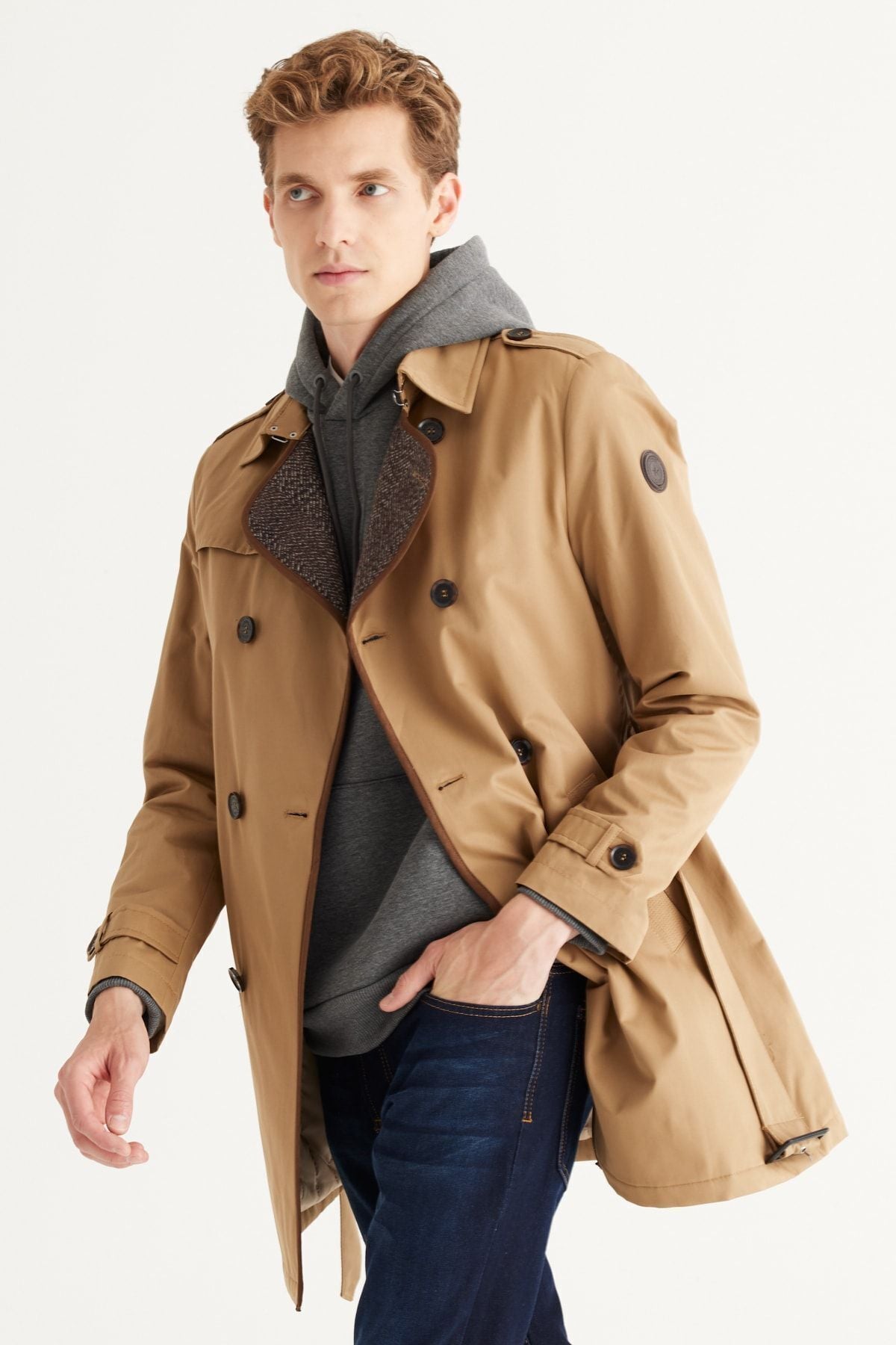 Men's beige standard fit normal cut shirt shirt collar cotton trench coat