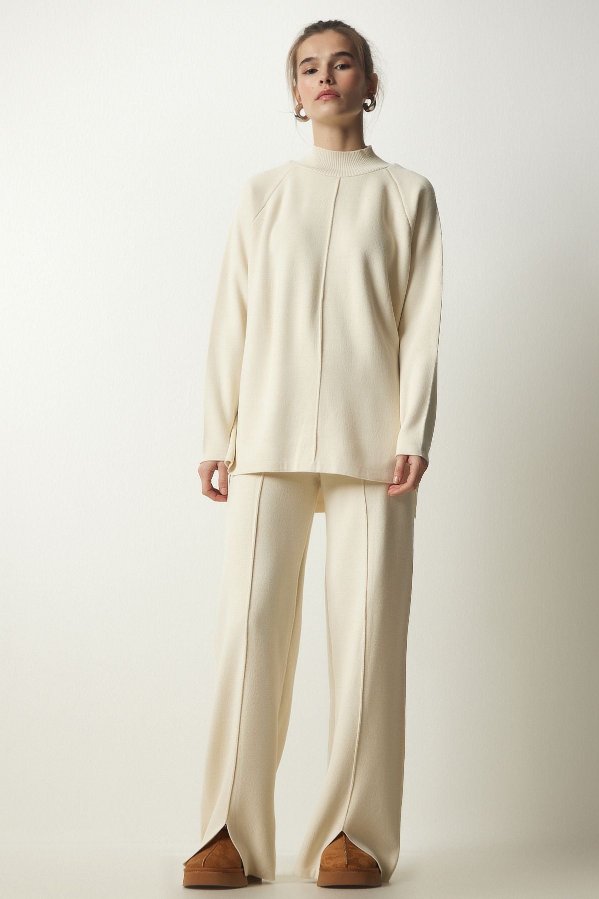 Women's Cream Stylish Knitwear Cossack Pants Set Mu00012