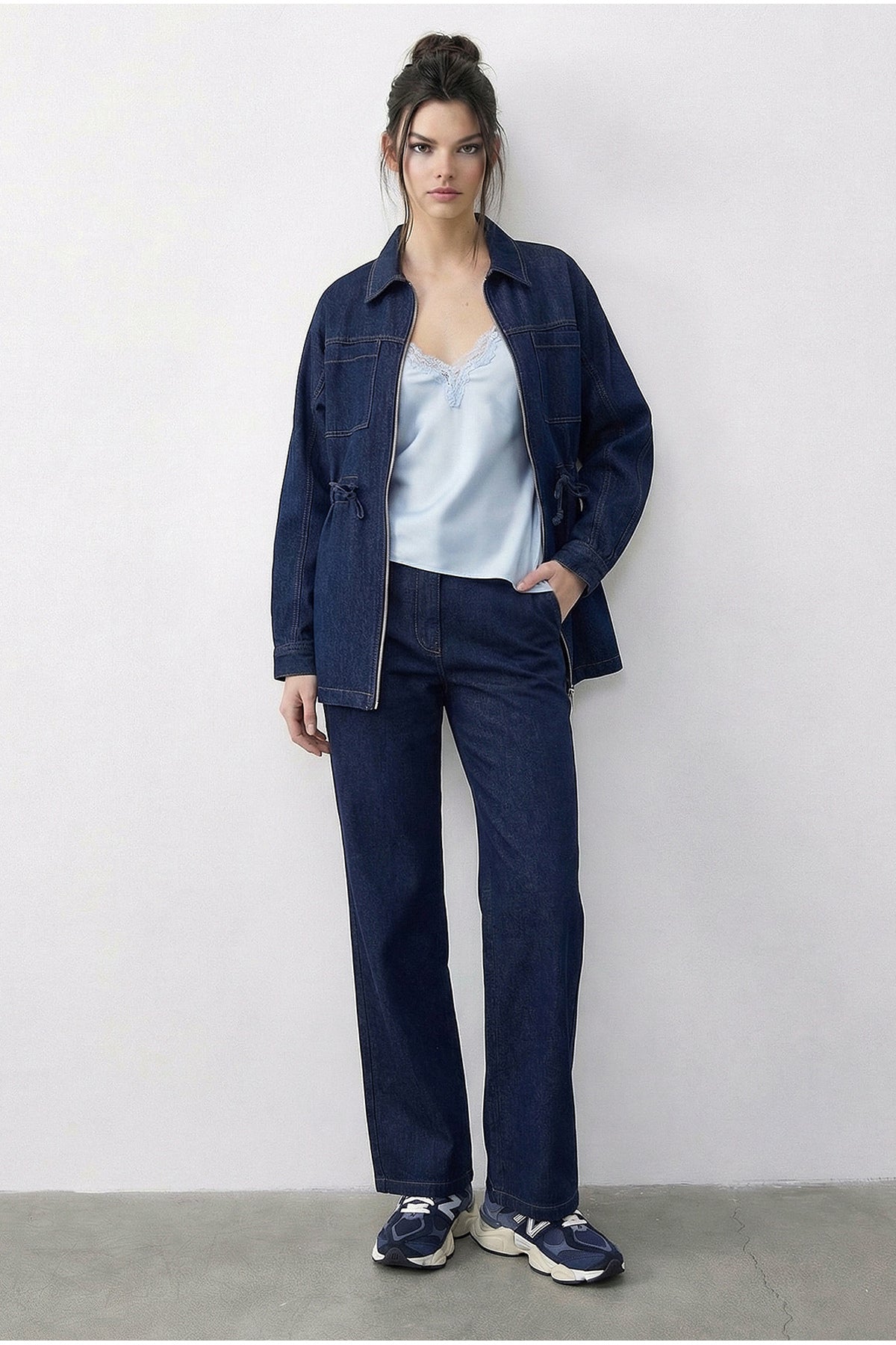 Women's Zippered Waist Tie Pocket Detailed Denim Bottom-Top Set 60597 60286011