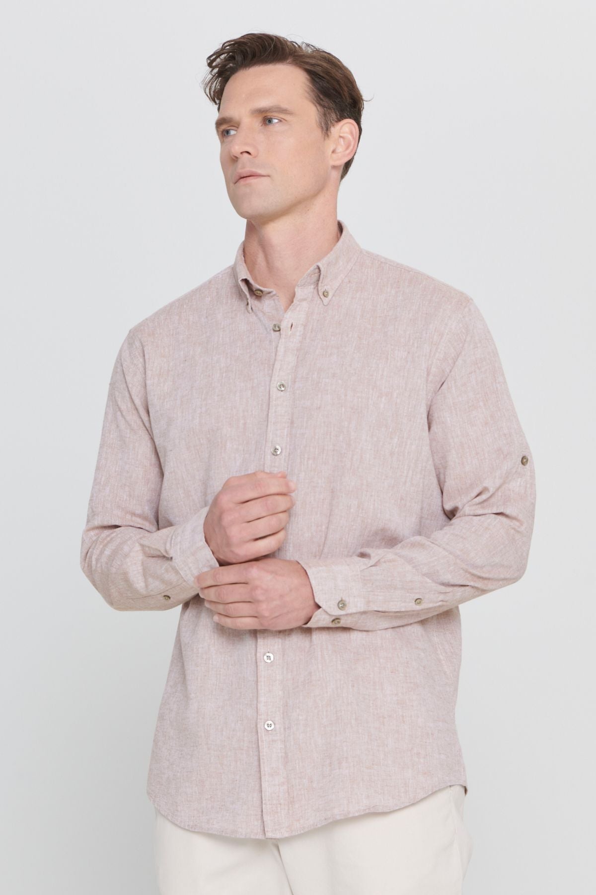 Men's Camel Linen Comfort Fit Casual Cutting Buttoned Neck Casual Shirt