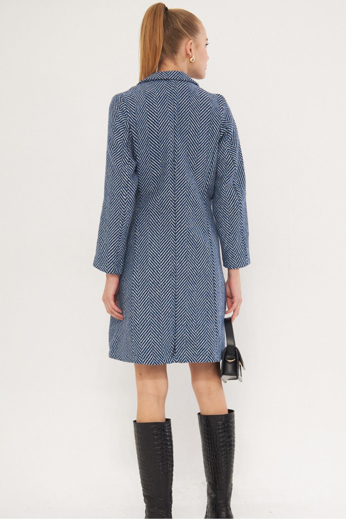 Woman Blue Side-Tied Pocket Long Stamp Coat with Arm-25k001039