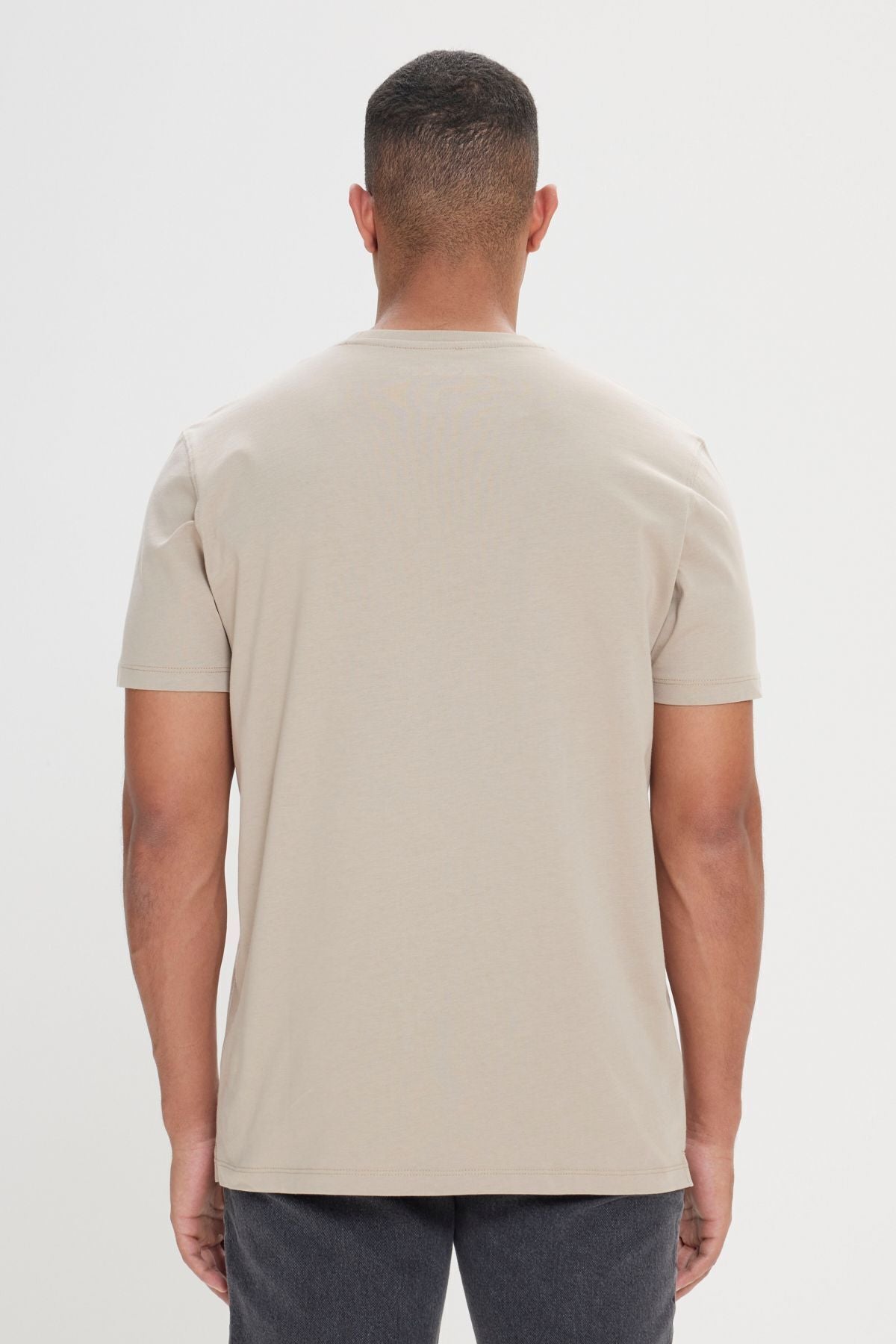 Men's Beige Comfort Fit comfortable cut 100 %cotton soft textured printed printed bicycle collar t -shirt