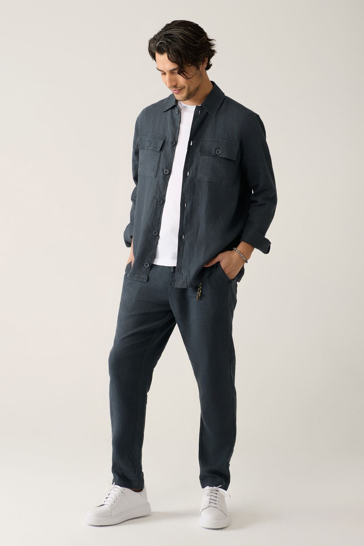 Men's anthracite waist tire 100 %linen pants B003032