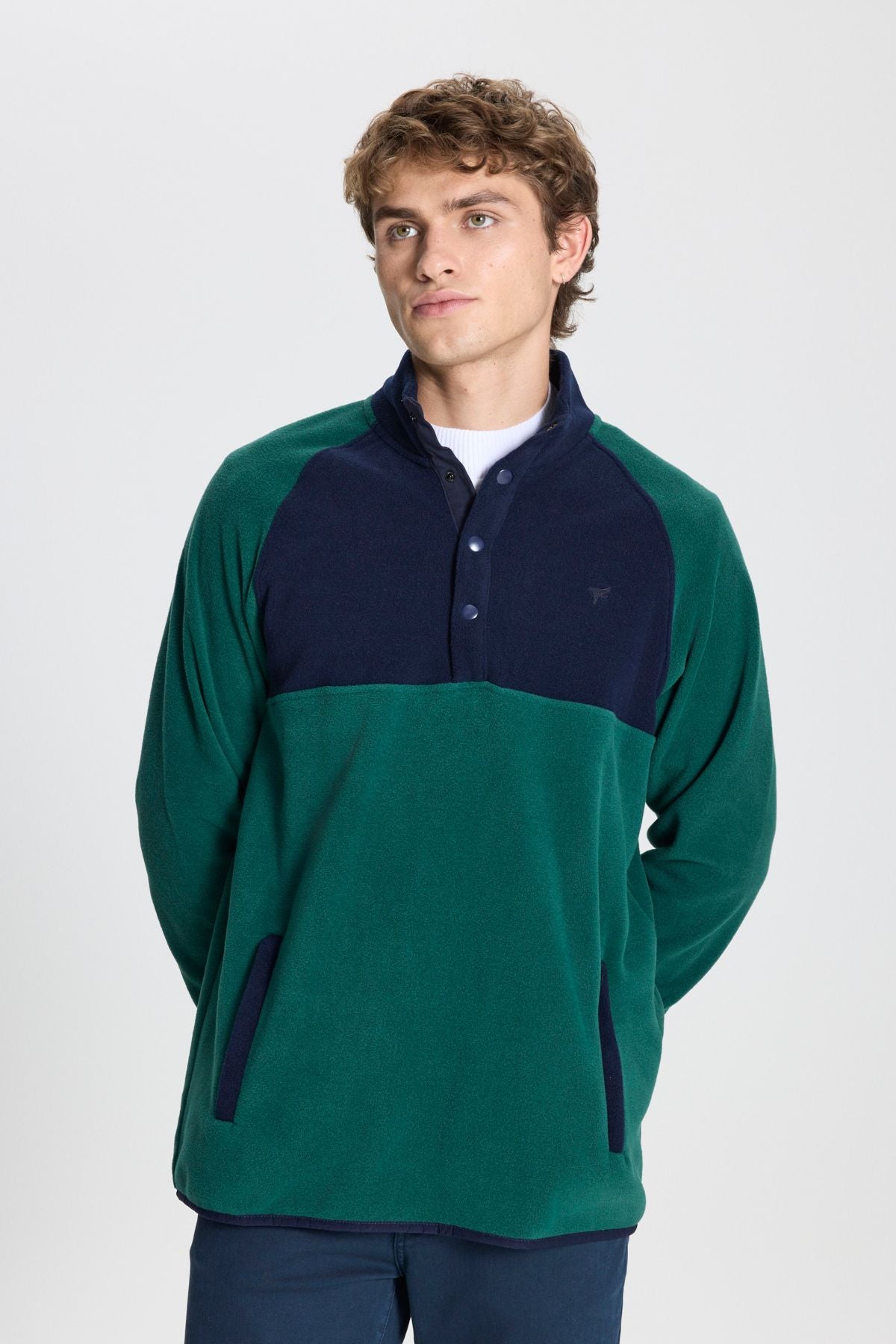 Men's green-lacivert standard fit normal cut upright bato collar pattern fleece sweatshirt