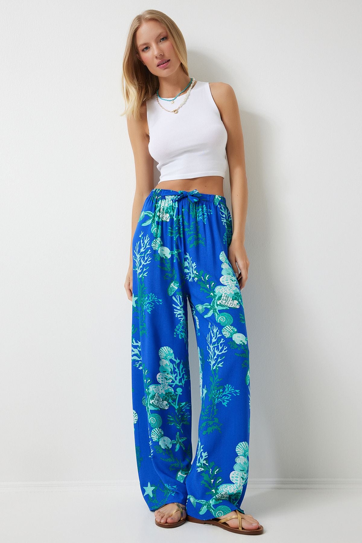 Women's Blue Water Green Patterned Visco Palazzo Pants EN00606